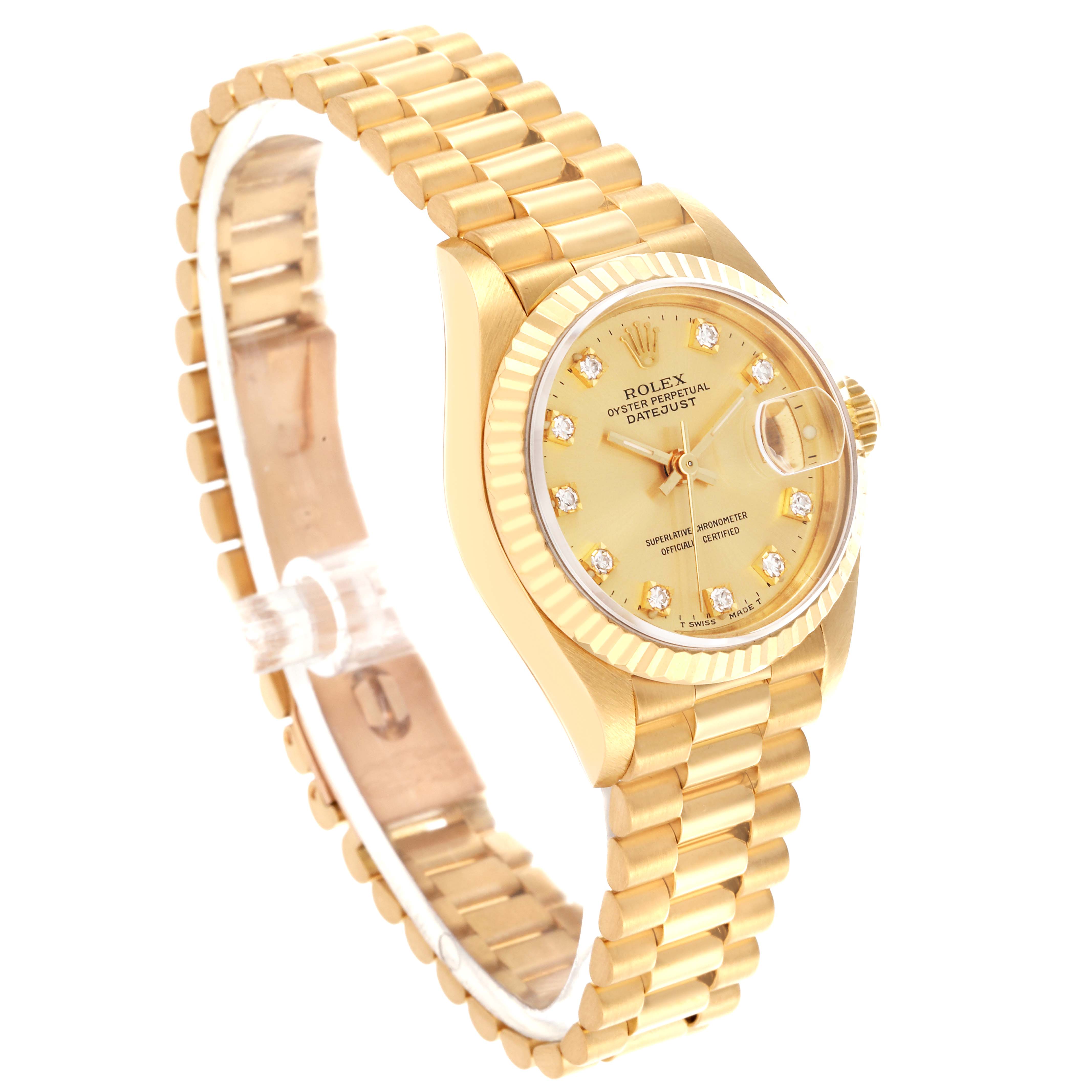 The Rolex President 69178 Women's Yellow Gold Champagne Dial 69178 Women's Yellow Gold Champagne Dial model watch is shown at a three-quarter angle, displaying the face, bracelet, and side profile.