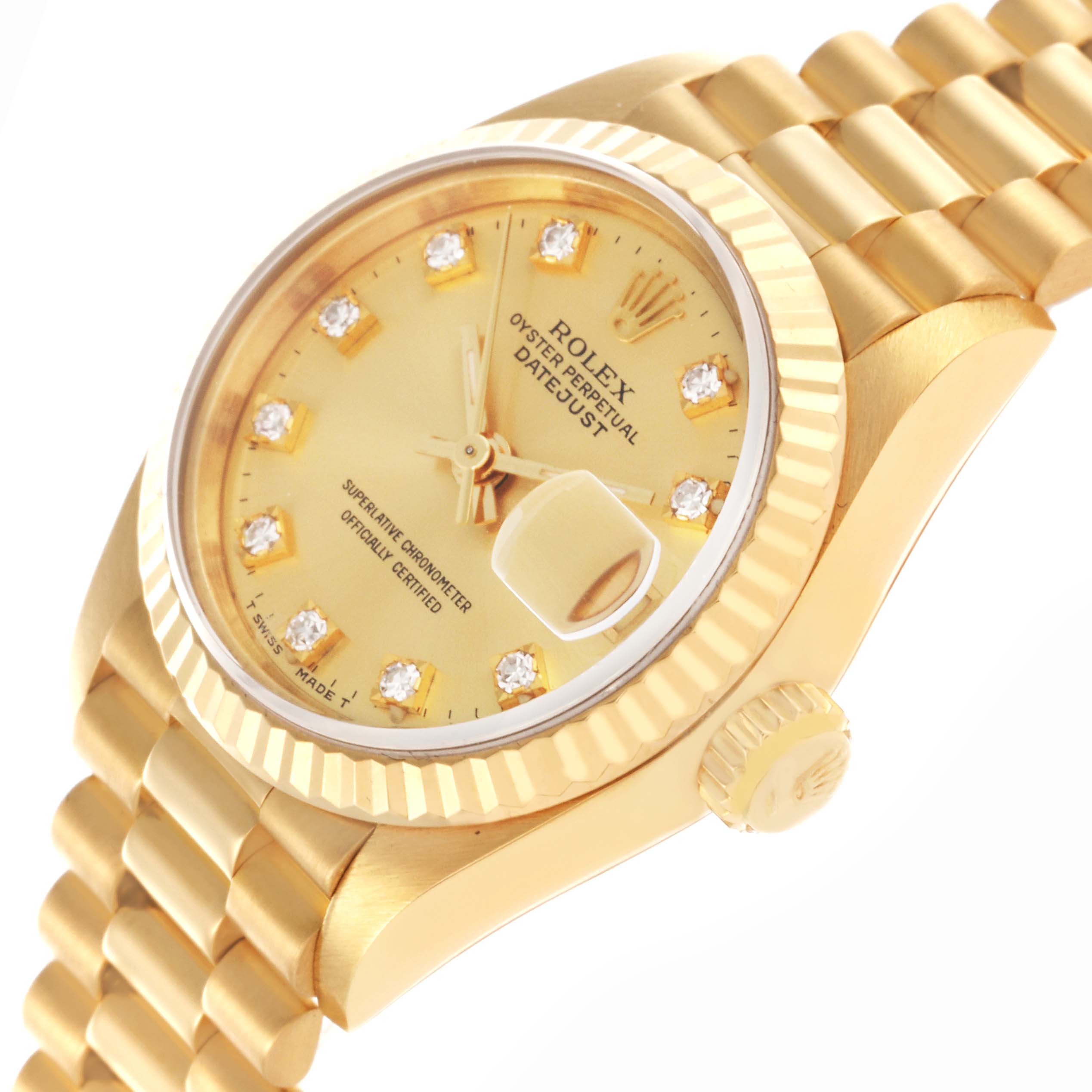 The Rolex President 69178 Women's Yellow Gold Champagne Dial 69178 Women's Yellow Gold Champagne Dial watch is viewed at an angle showing the face, bezel, crown, and part of the bracelet in gold.