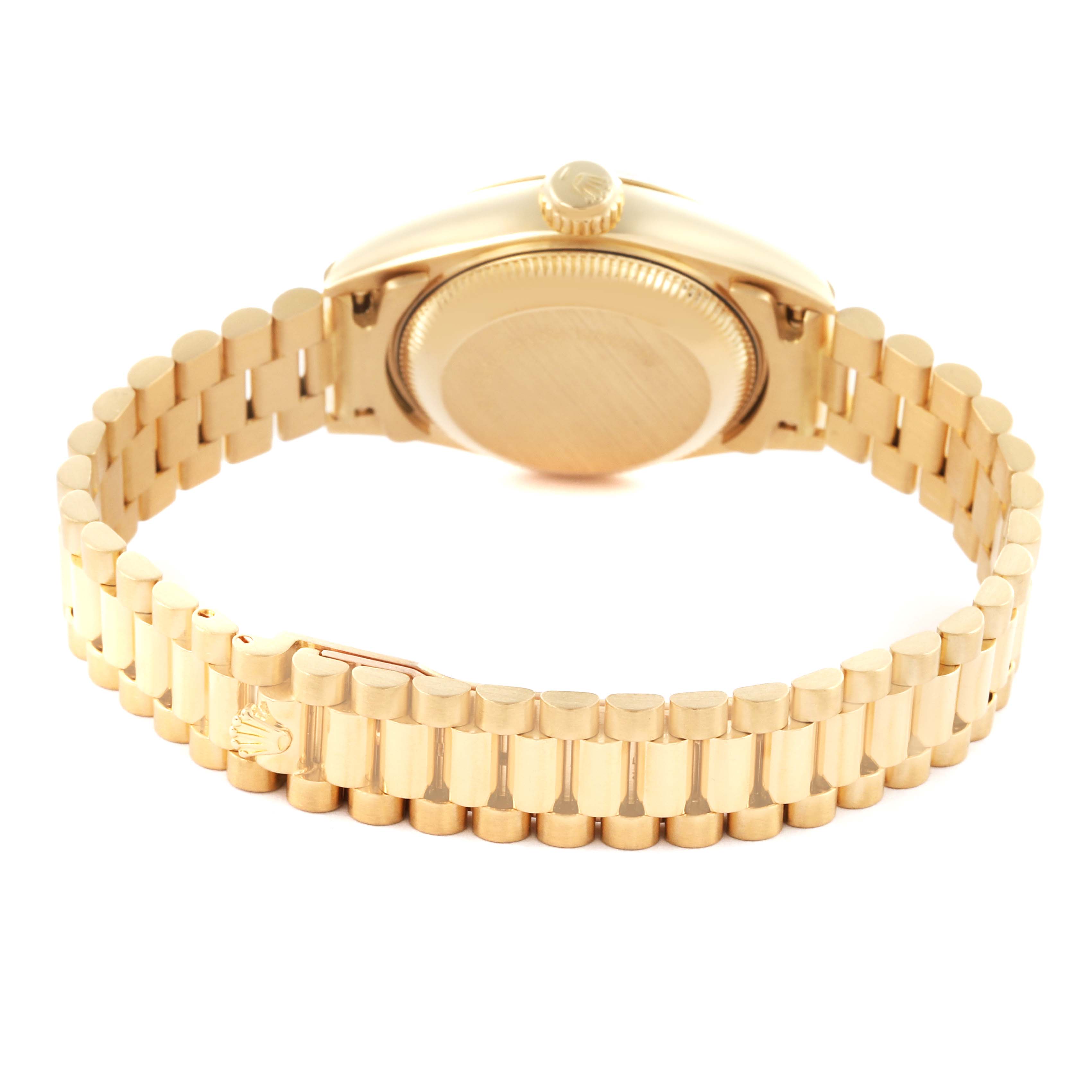 The image shows the back and side view of the Rolex President 69178 Women's Yellow Gold Champagne Dial 69178 Women's Yellow Gold Champagne Dial model, focusing on the gold bracelet and case back.