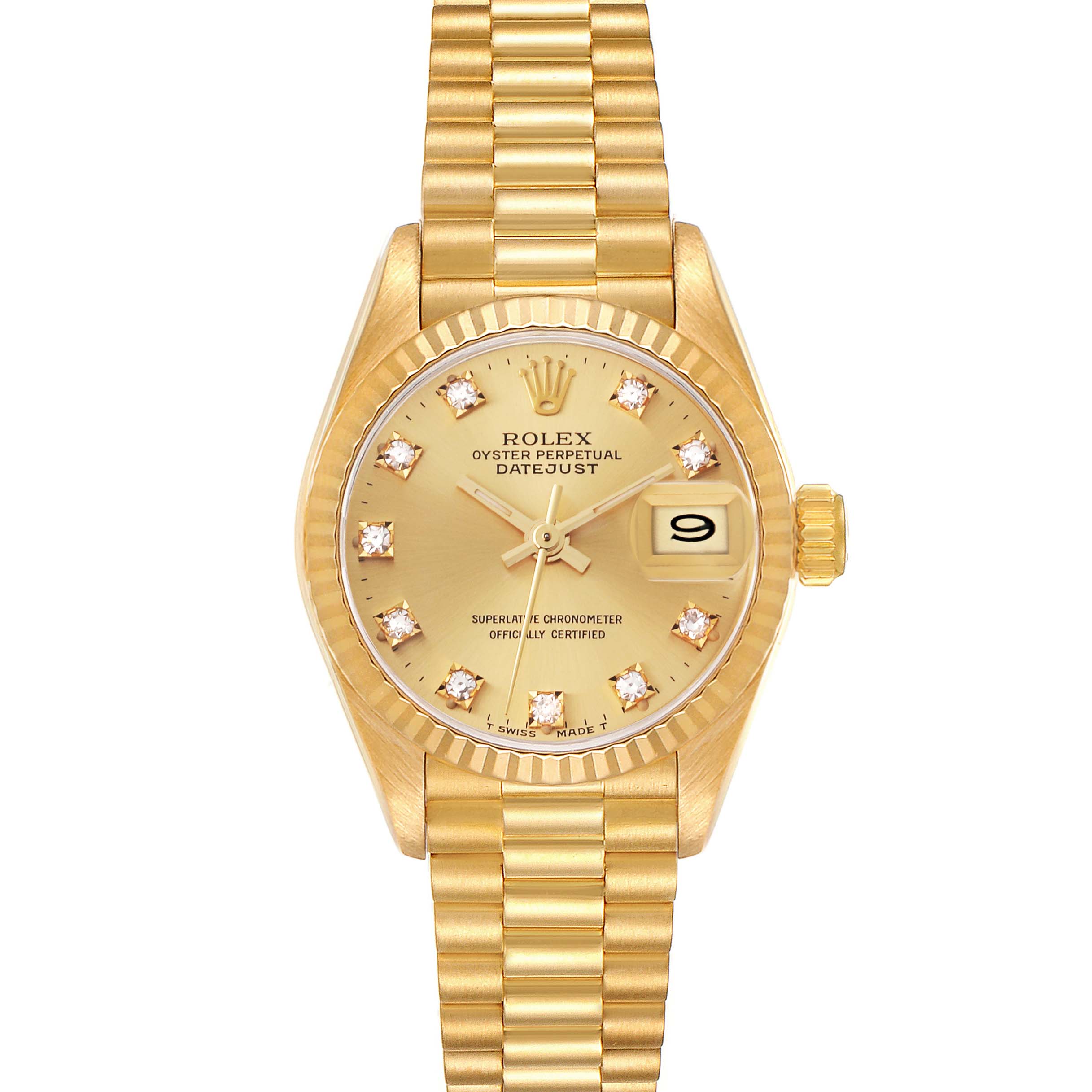 The image shows a front view of the Rolex President 69178 Women's Yellow Gold Champagne Dial 69178 Women's Yellow Gold Champagne Dial model, displaying its face, bezel, bracelet, and crown.