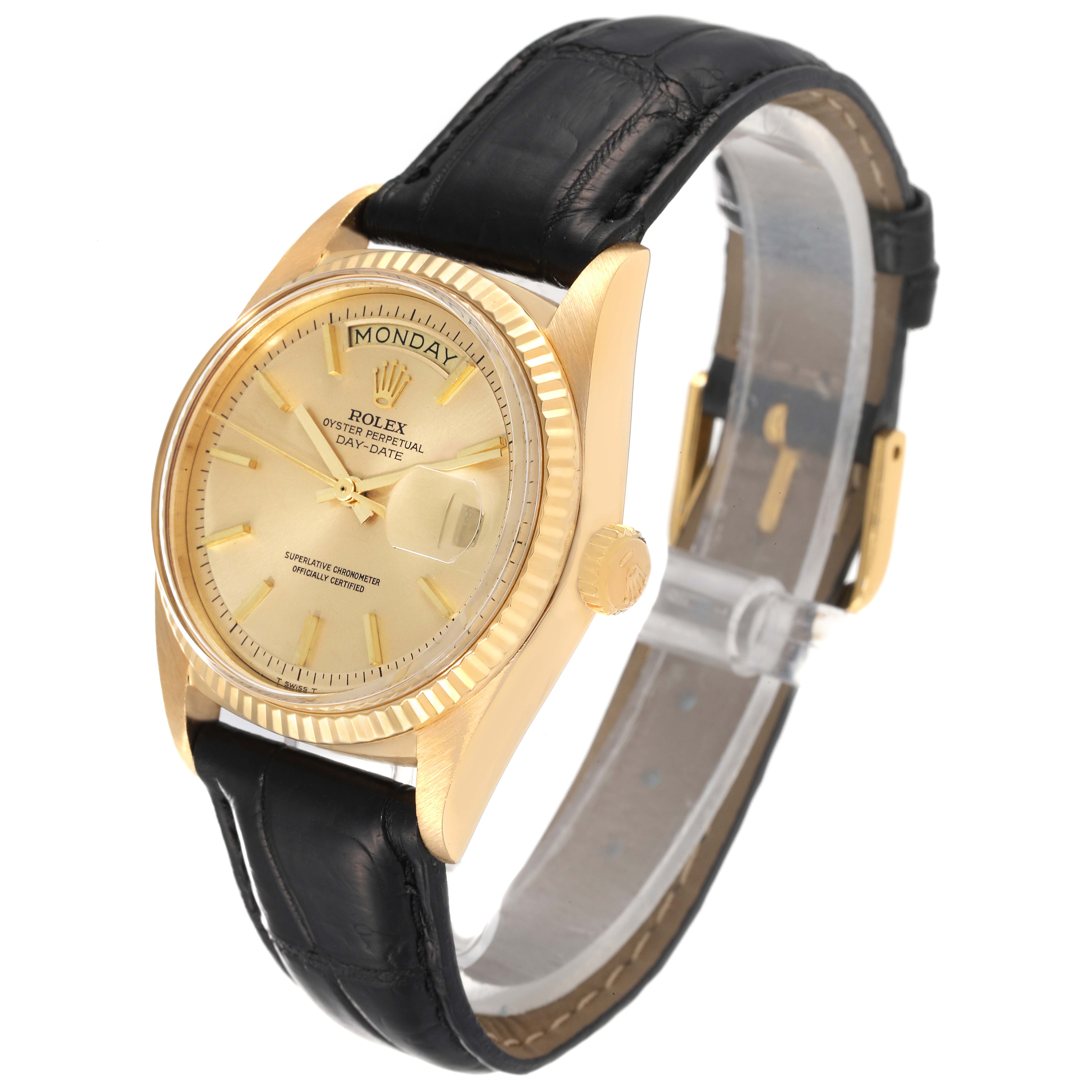 The Rolex President 1803 Men's Yellow Gold Champagne Dial 1803 Men's Yellow Gold Champagne Dial model is shown at a slight angle, displaying the face, bezel, crown, and black strap.