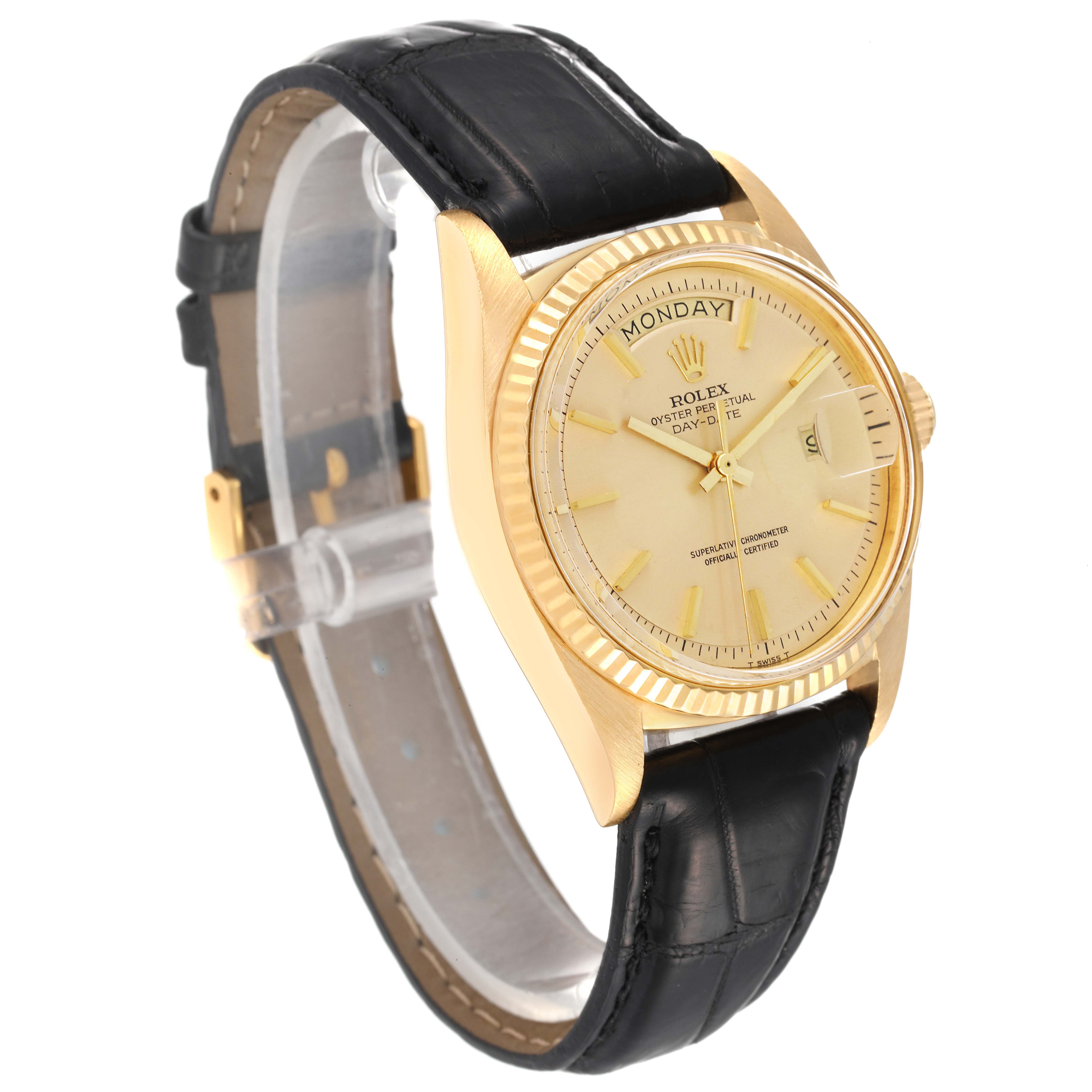 The image shows a President model Rolex watch at a slight angle, displaying the face, bezel, and leather strap.