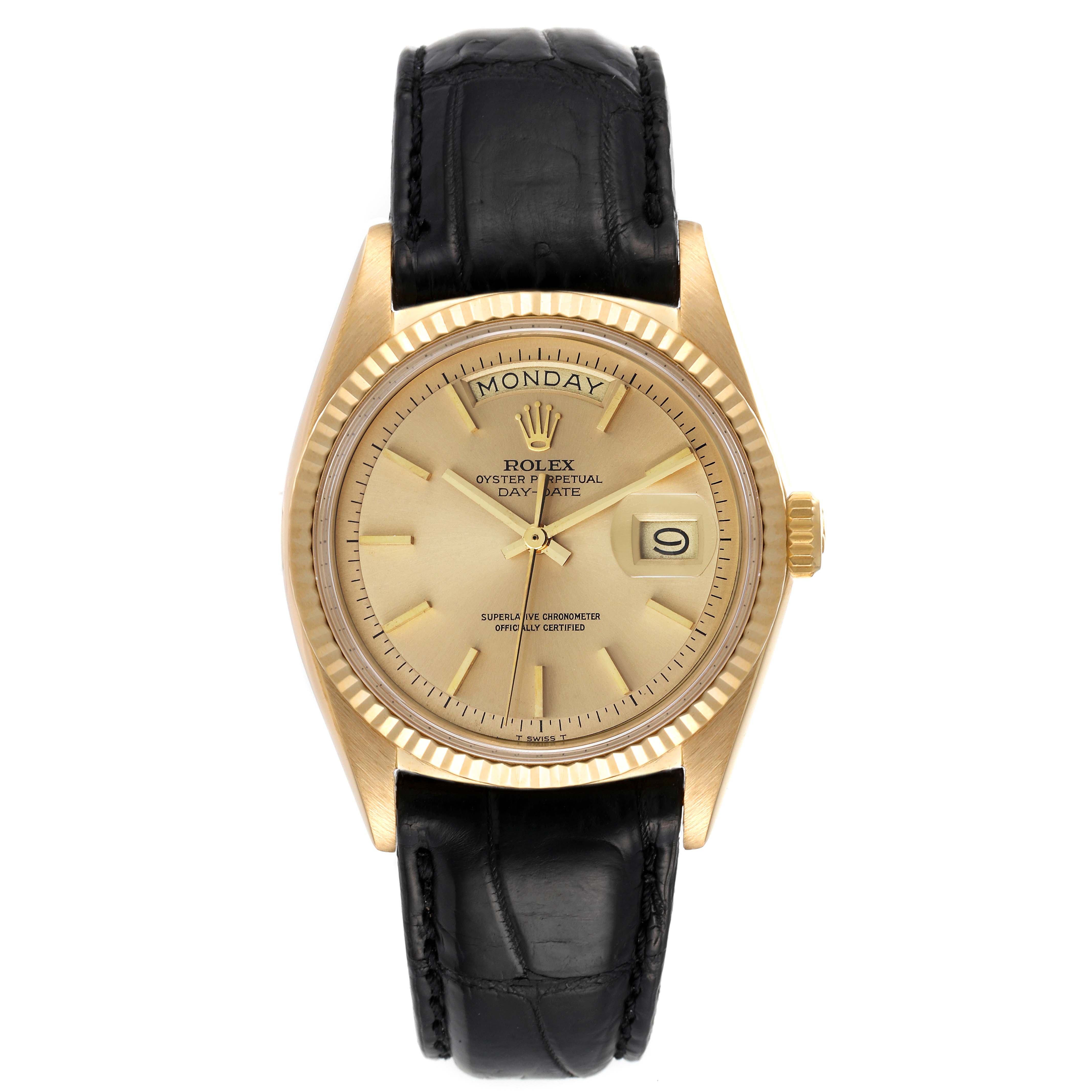 The image shows a President model by Rolex from a front angle, highlighting the dial, crown, and black leather strap.