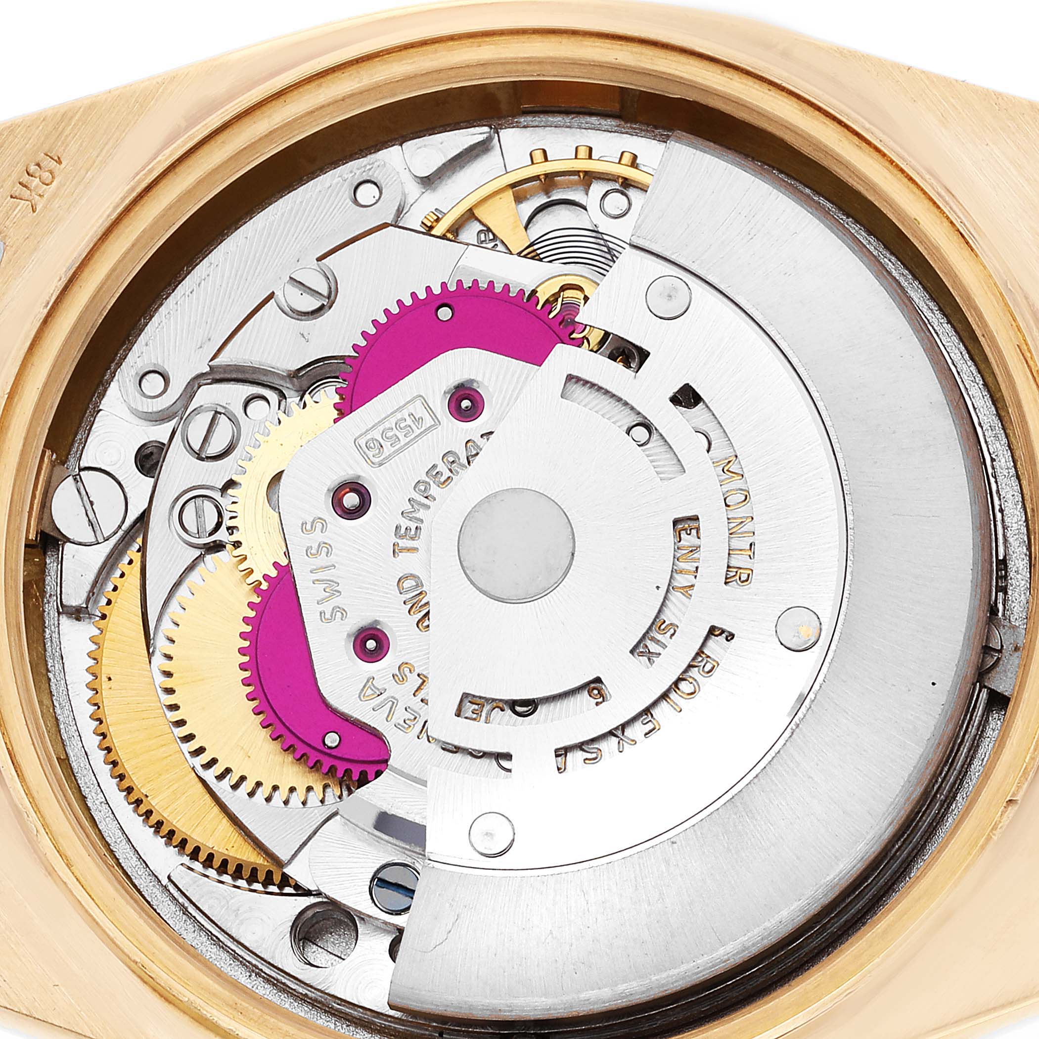This image shows the internal mechanical movement of a Rolex President 1803 Men's Yellow Gold Champagne Dial 1803 Men's Yellow Gold Champagne Dial model watch from a top view angle.