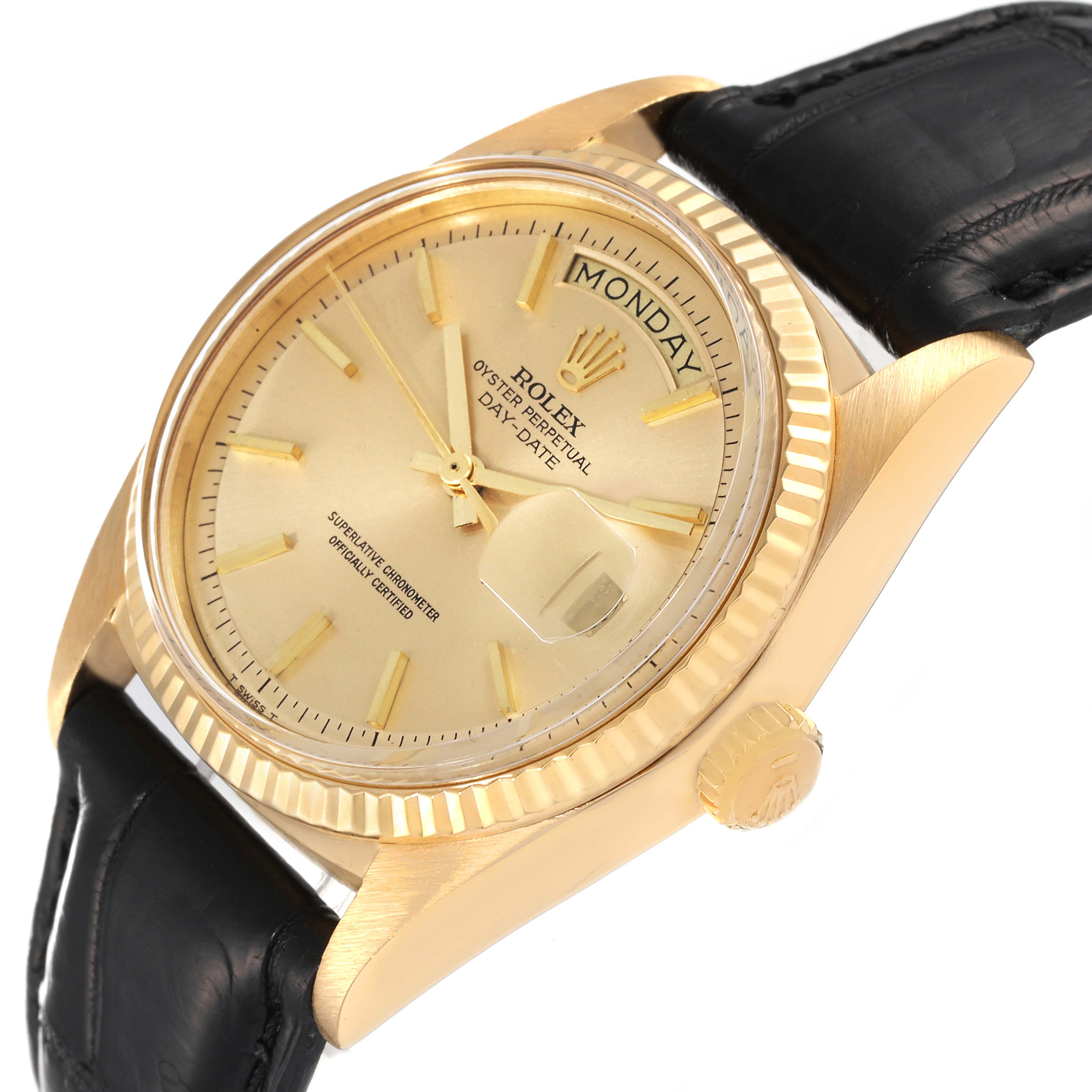 The image shows a side angle of a Rolex President 1803 Men's Yellow Gold Champagne Dial 1803 Men's Yellow Gold Champagne Dial model watch, highlighting the face, bezel, crown, and leather strap.