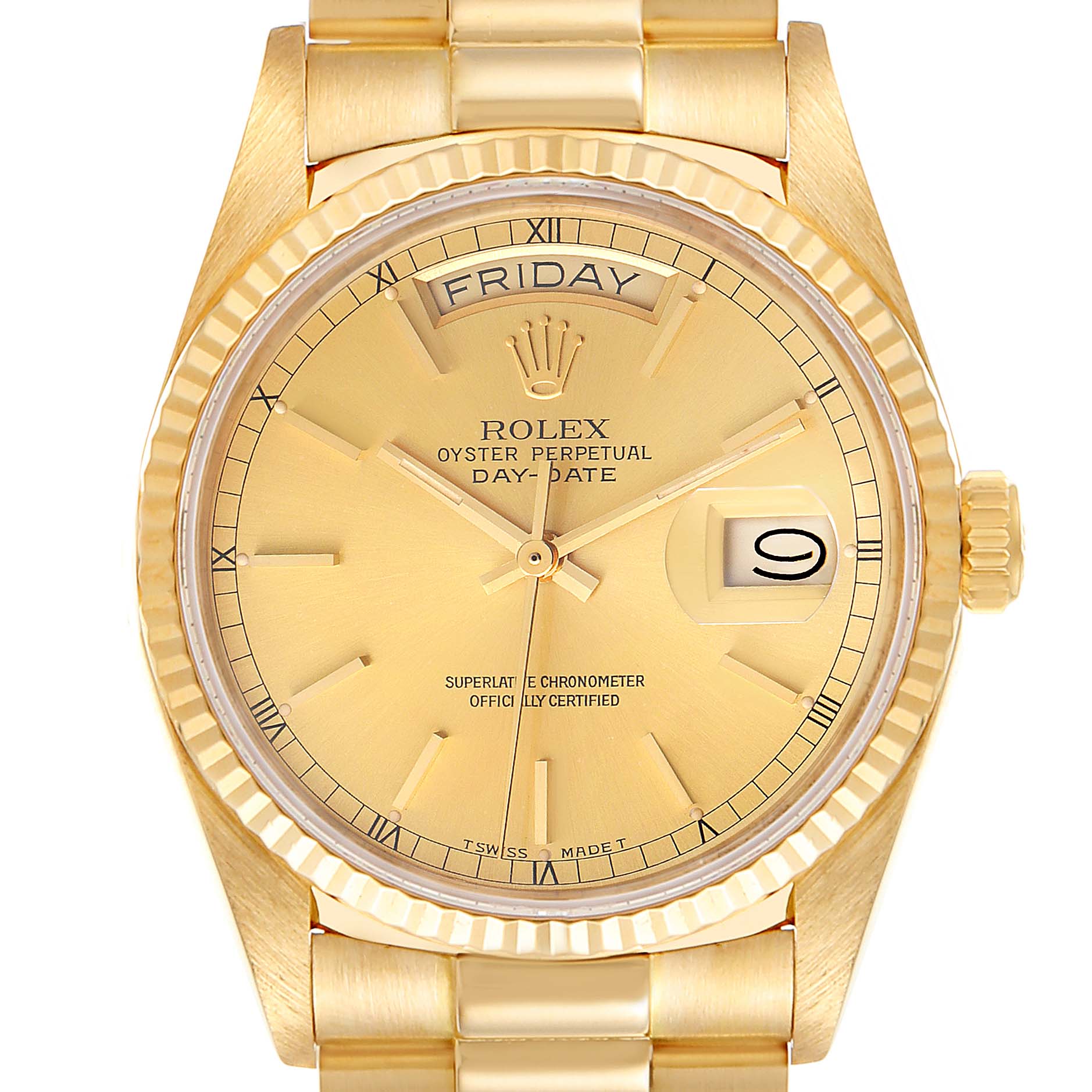 This image shows a Rolex President 18038 Men's Yellow Gold Champagne Dial 18038 Men's Yellow Gold Champagne Dial model watch, focusing on its face, dial, bezel, and a portion of the bracelet.