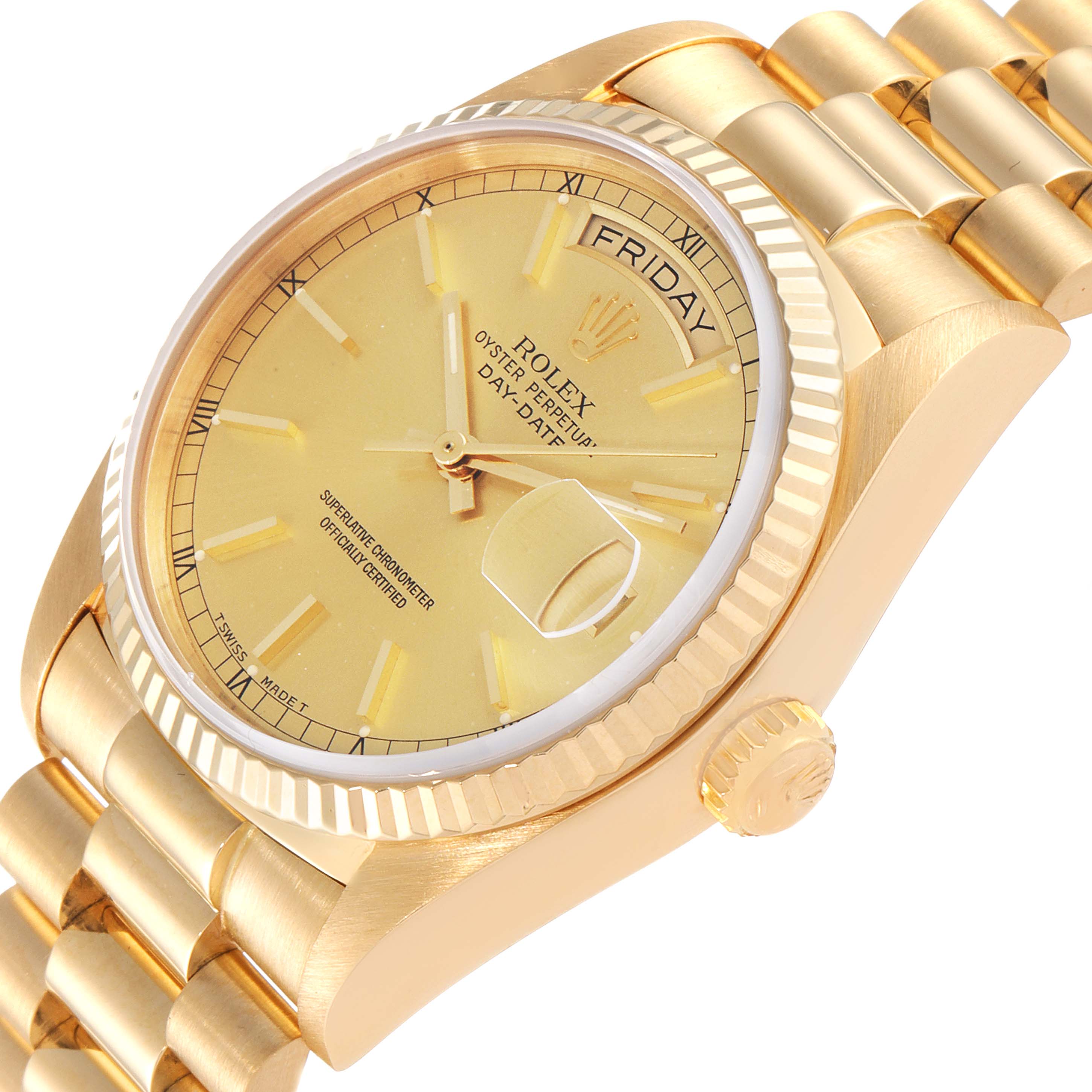 The Rolex President 18038 Men's Yellow Gold Champagne Dial 18038 Men's Yellow Gold Champagne Dial model watch is shown at a slight angle highlighting the dial, bezel, crown, and part of the bracelet.