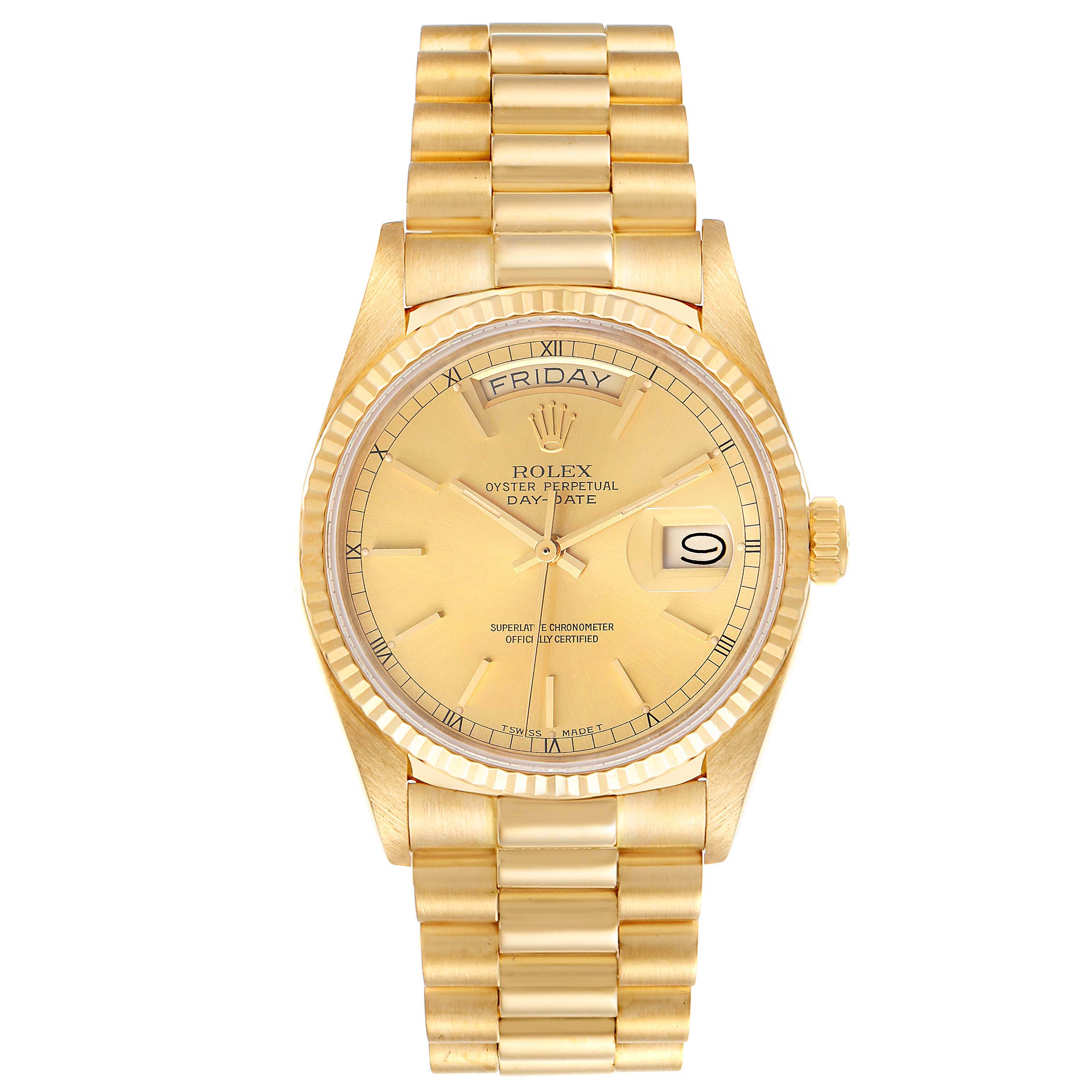 The image shows a front view of a Rolex President 18038 Men's Yellow Gold Champagne Dial 18038 Men's Yellow Gold Champagne Dial model watch, highlighting its gold dial, day-date display, and gold bracelet.