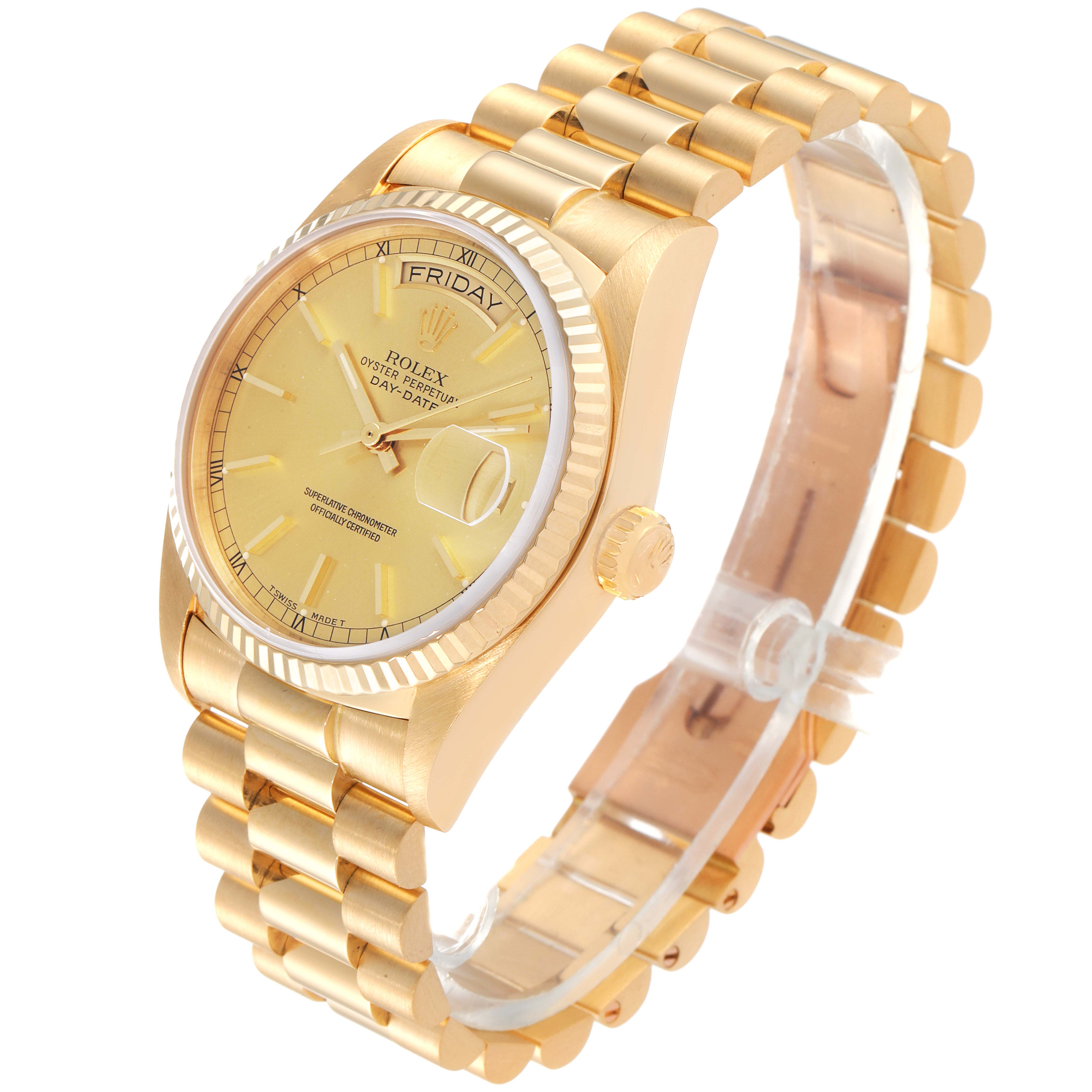 This image shows a Rolex President 18038 Men's Yellow Gold Champagne Dial 18038 Men's Yellow Gold Champagne Dial model watch from a slight angle displaying the face, bezel, and bracelet.