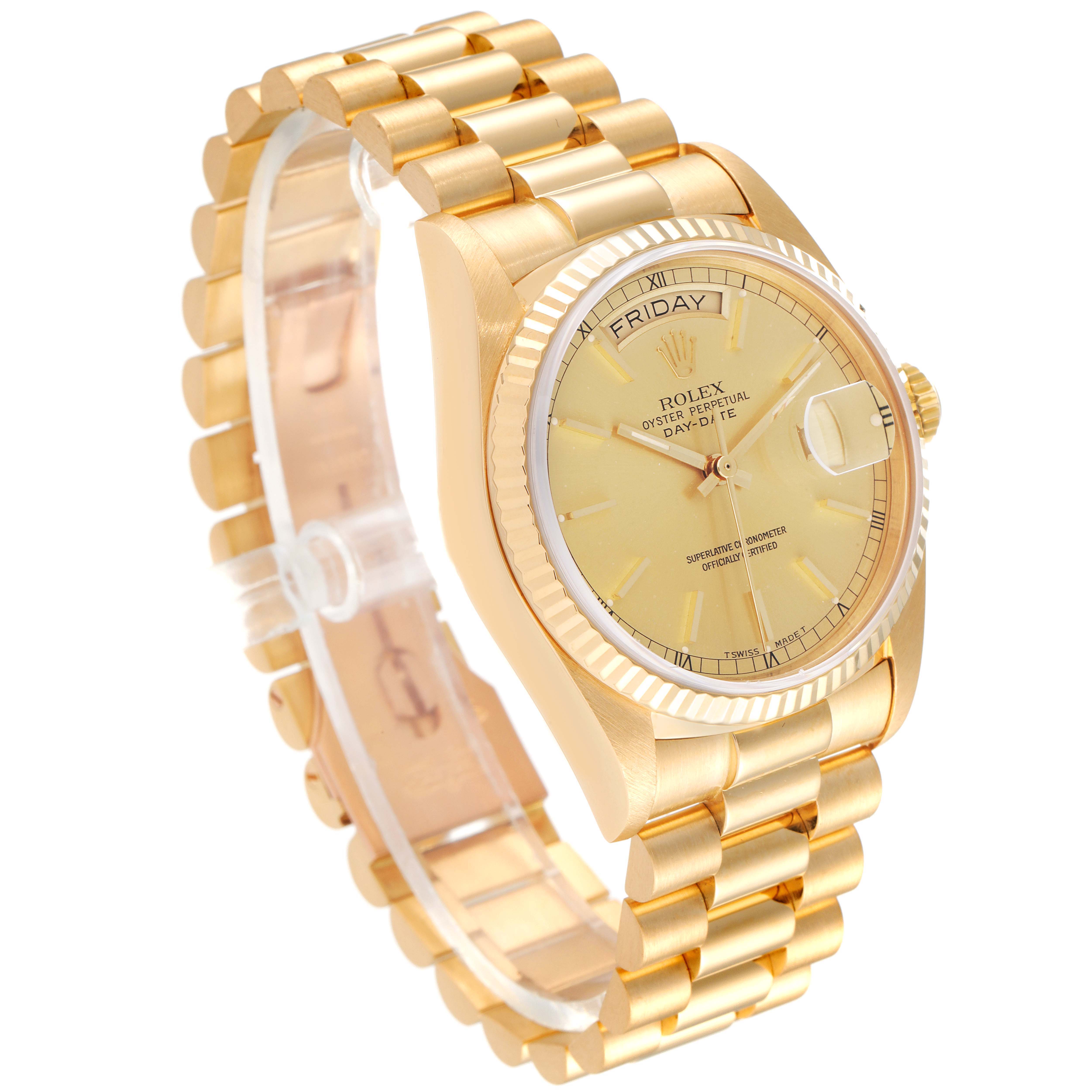 The image displays a Rolex President 18038 Men's Yellow Gold Champagne Dial 18038 Men's Yellow Gold Champagne Dial model watch from an oblique angle, showcasing the bracelet, dial, and fluted bezel.