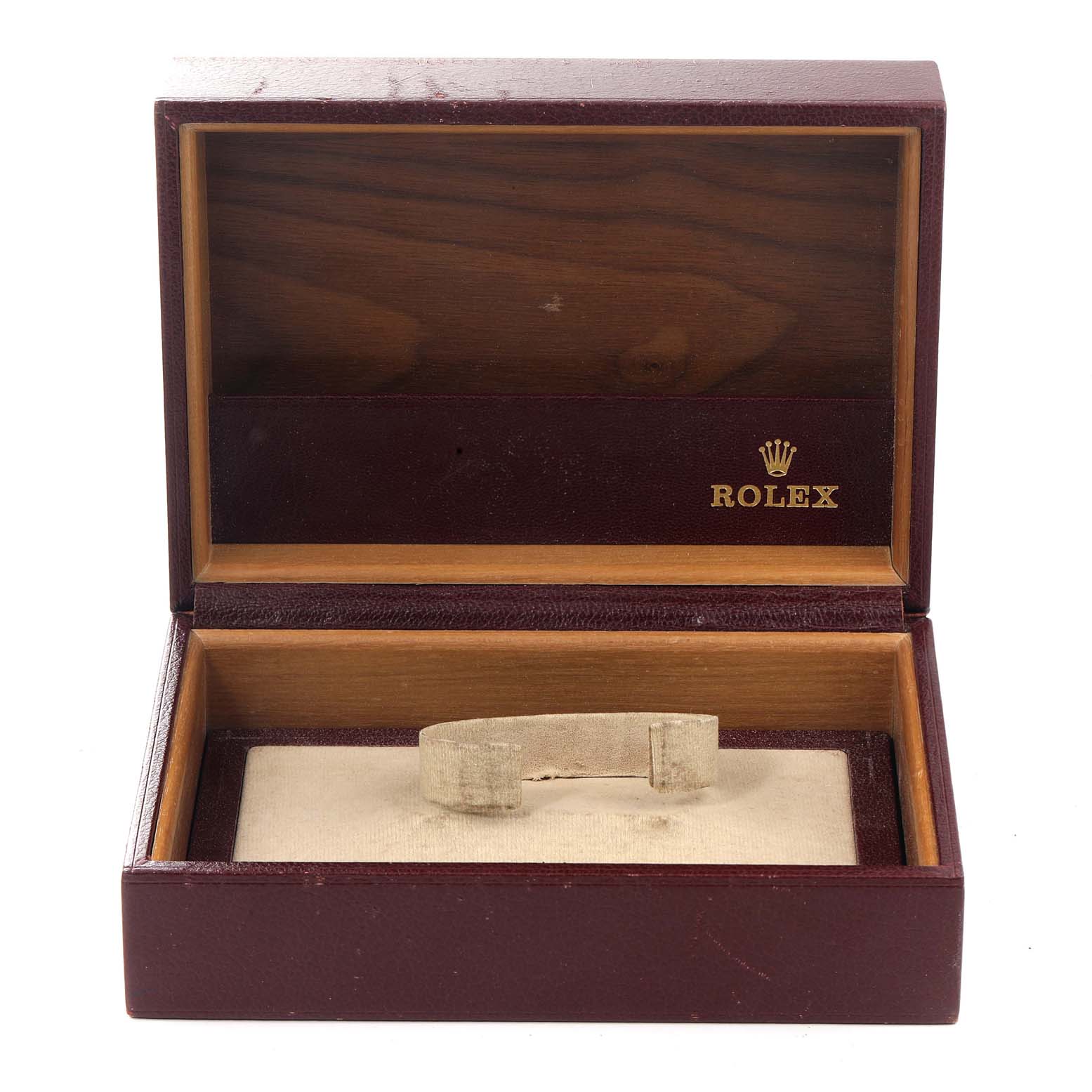 This is a Rolex President 18038 Men's Yellow Gold Champagne Dial 18038 Men's Yellow Gold Champagne Dial model watch box shown open with an empty holder.