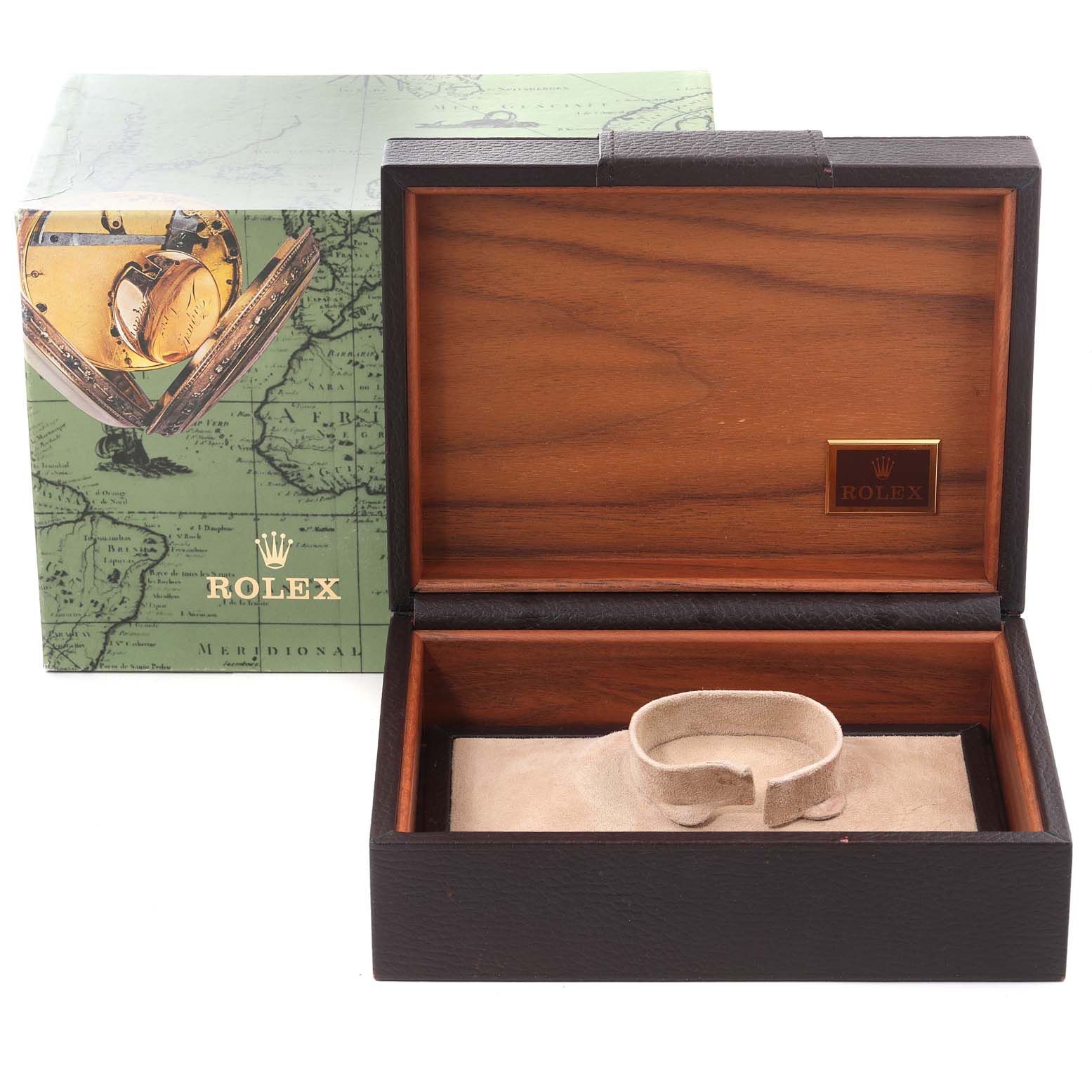 The image displays an open Rolex President 18238 Men's Yellow Gold Champagne Dial 18238 Men's Yellow Gold Champagne Dial model watch box with an outer box featuring a map design in the background.