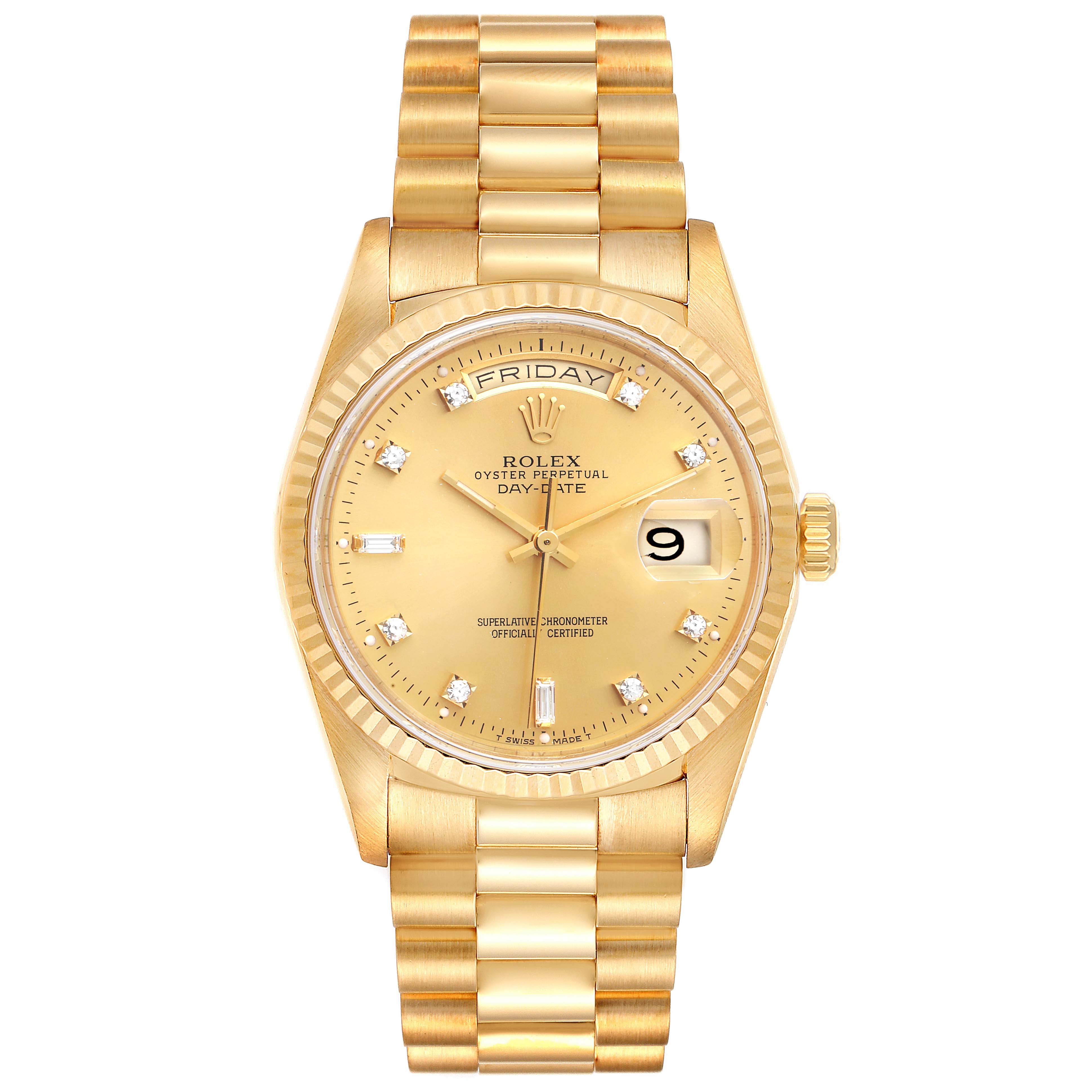 The image shows a front view of the Rolex President 18238 Men's Yellow Gold Champagne Dial 18238 Men's Yellow Gold Champagne Dial model watch, showcasing its gold dial, bracelet, and day-date features.
