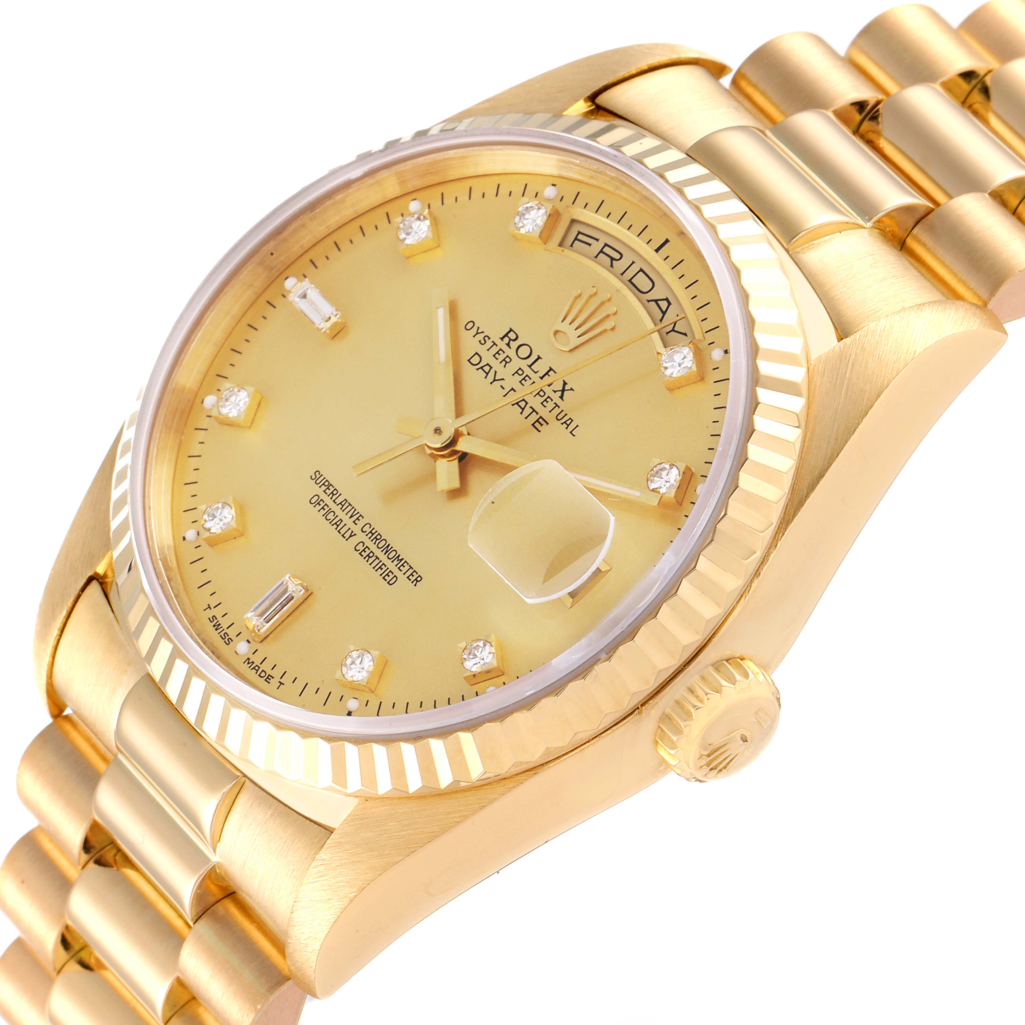 The image shows a close-up angled view of the Rolex President 18238 Men's Yellow Gold Champagne Dial 18238 Men's Yellow Gold Champagne Dial model, featuring its dial, day/date display, and bracelet.