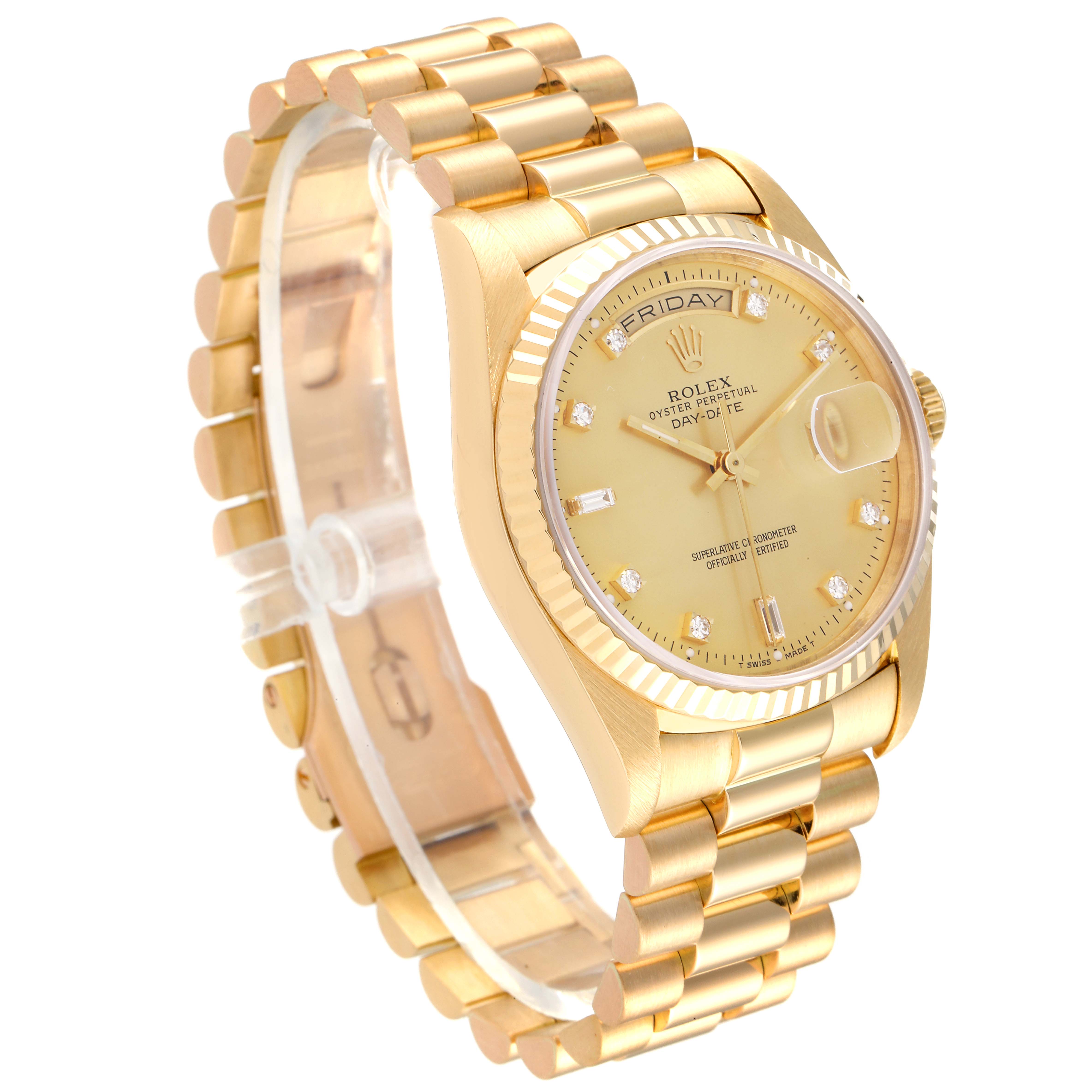 The image shows a Rolex President 18238 Men's Yellow Gold Champagne Dial 18238 Men's Yellow Gold Champagne Dial model watch at a side angle, emphasizing the watch face, bezel, and bracelet.