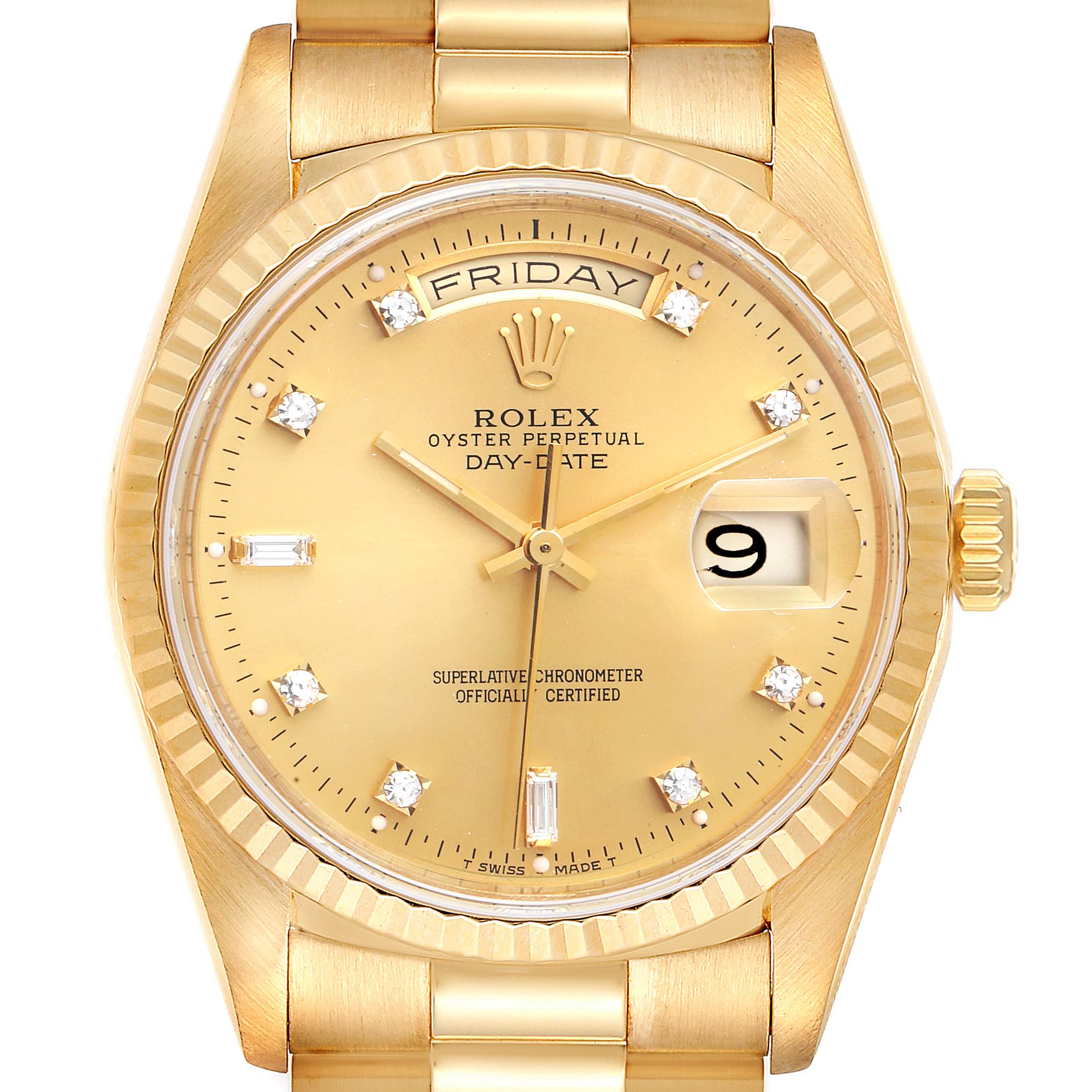This image shows a close-up of the Rolex President 18238 Men's Yellow Gold Champagne Dial 18238 Men's Yellow Gold Champagne Dial Day-Date watch, highlighting the dial, date window, and part of the bracelet.