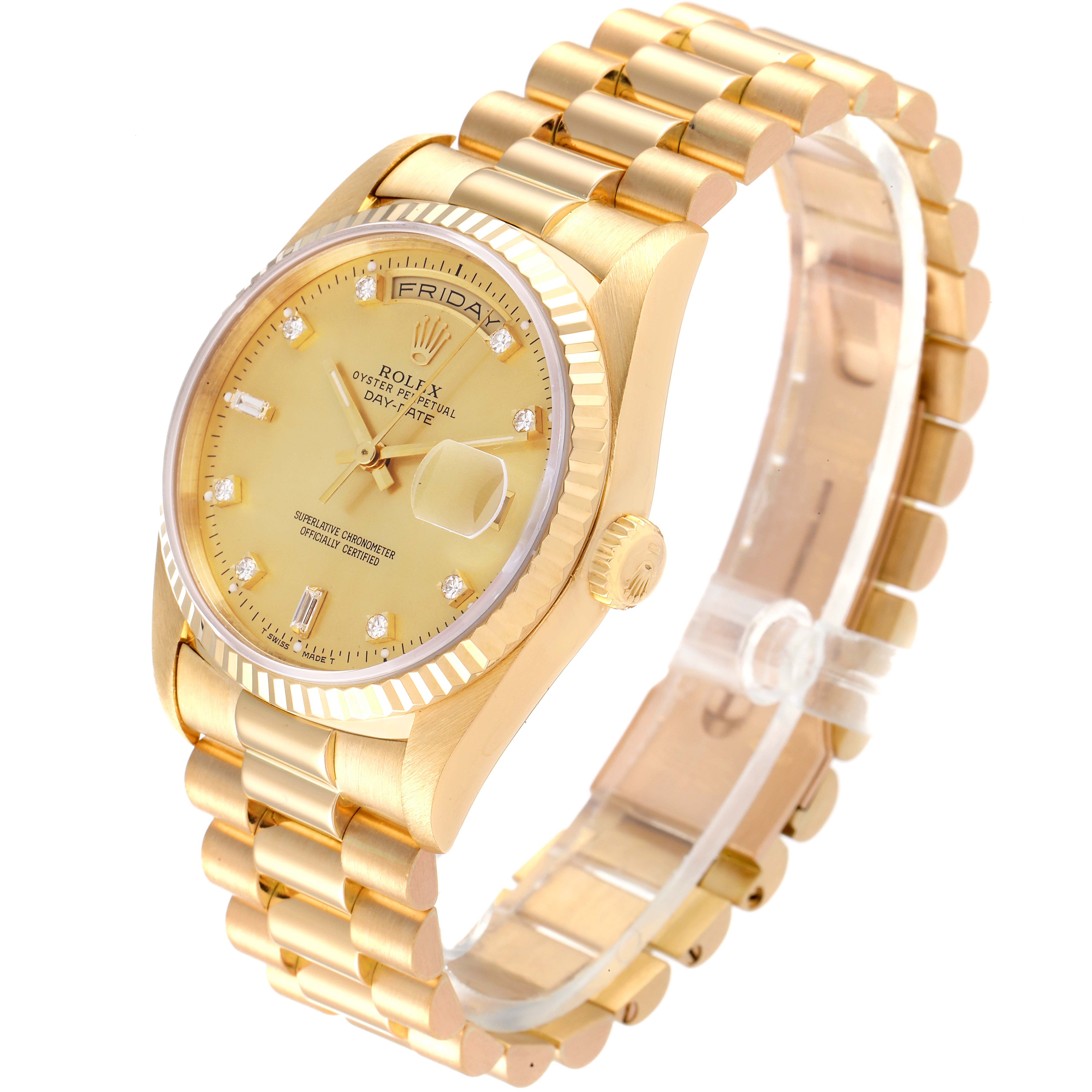 The image shows a side angle of the Rolex President 18238 Men's Yellow Gold Champagne Dial 18238 Men's Yellow Gold Champagne Dial model watch, highlighting the gold bracelet and dial.