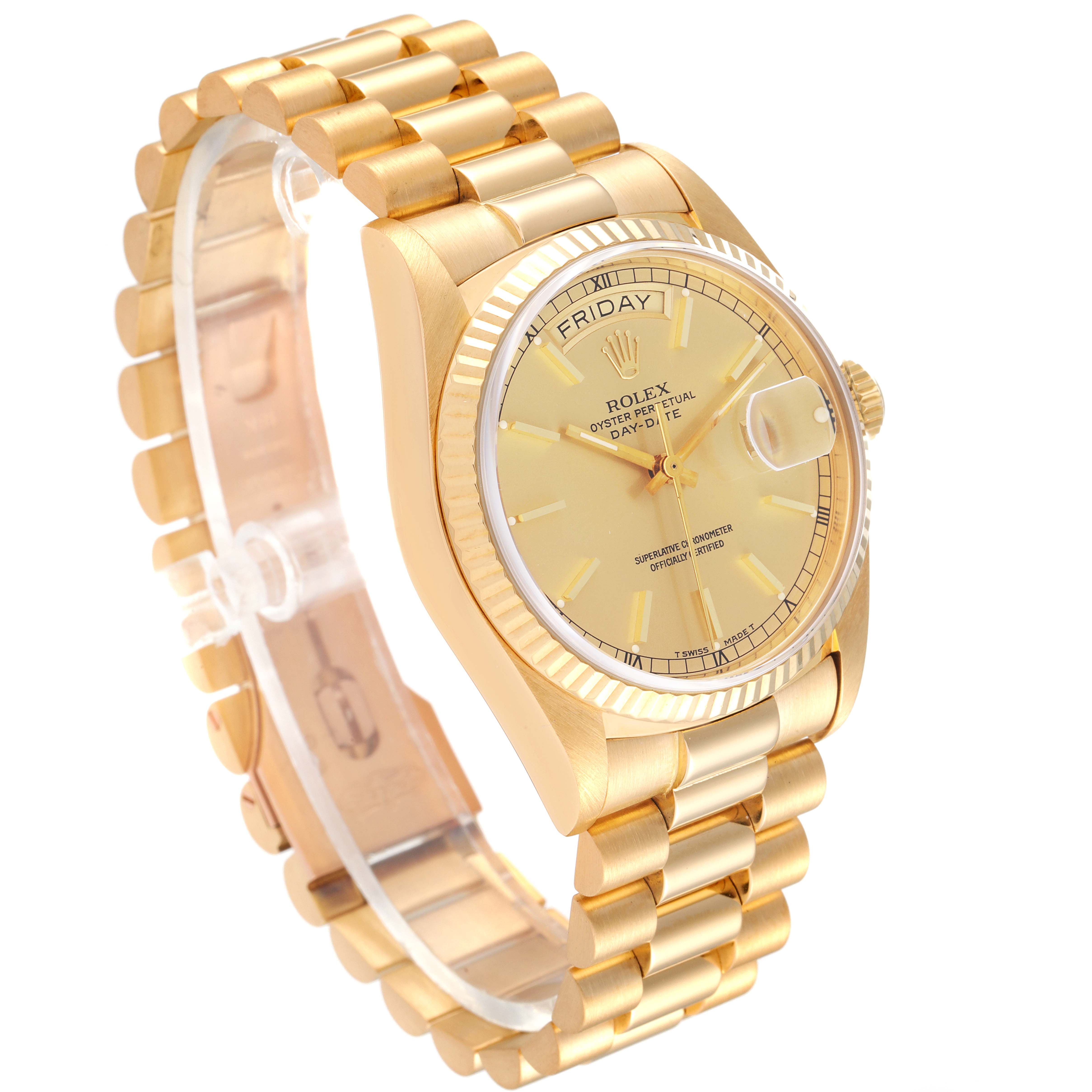 The image shows a Rolex President 18038 Men's Yellow Gold Champagne Dial 18038 Men's Yellow Gold Champagne Dial model watch from a three-quarter angle, highlighting the dial, bezel, and bracelet.