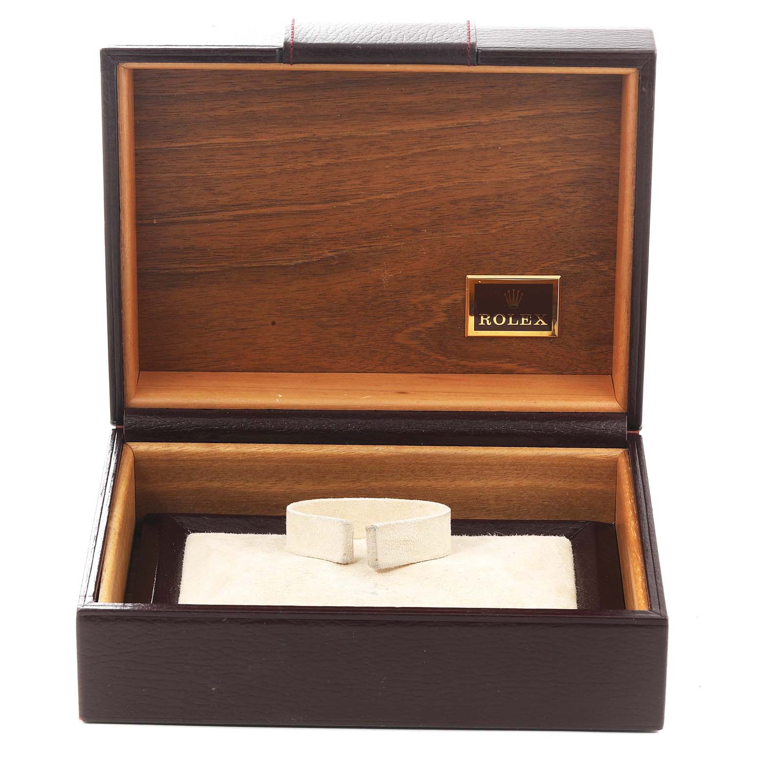 The image shows an empty Rolex President 18038 Men's Yellow Gold Champagne Dial 18038 Men's Yellow Gold Champagne Dial model watch box from a front angle, with a cushion for the watch inside.