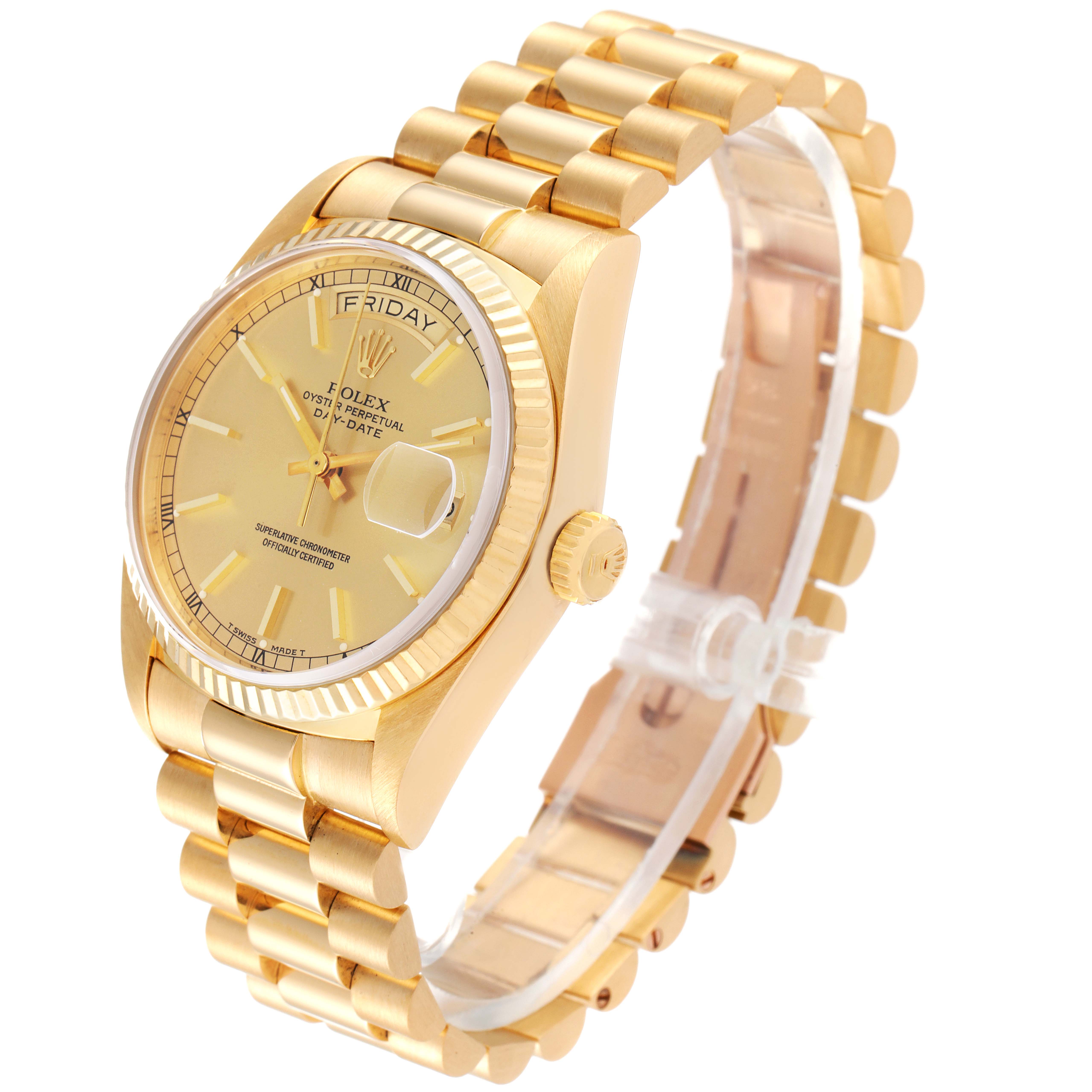 This image shows the front and right side at an angle of the Rolex President 18038 Men's Yellow Gold Champagne Dial 18038 Men's Yellow Gold Champagne Dial model watch, including the dial, crown, and bracelet.