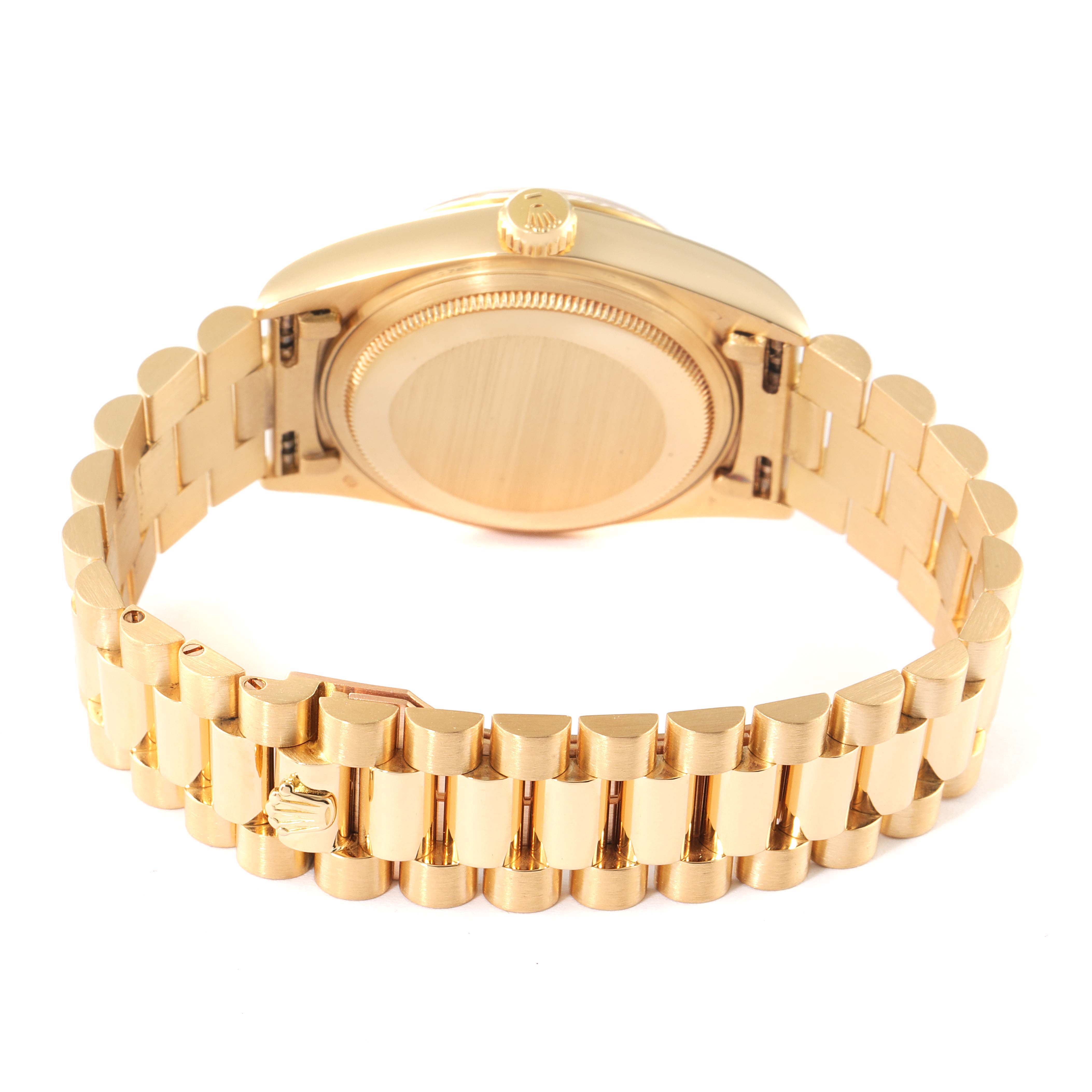 The image shows the back case and bracelet of a Rolex President 18038 Men's Yellow Gold Champagne Dial 18038 Men's Yellow Gold Champagne Dial model from a rear angle.