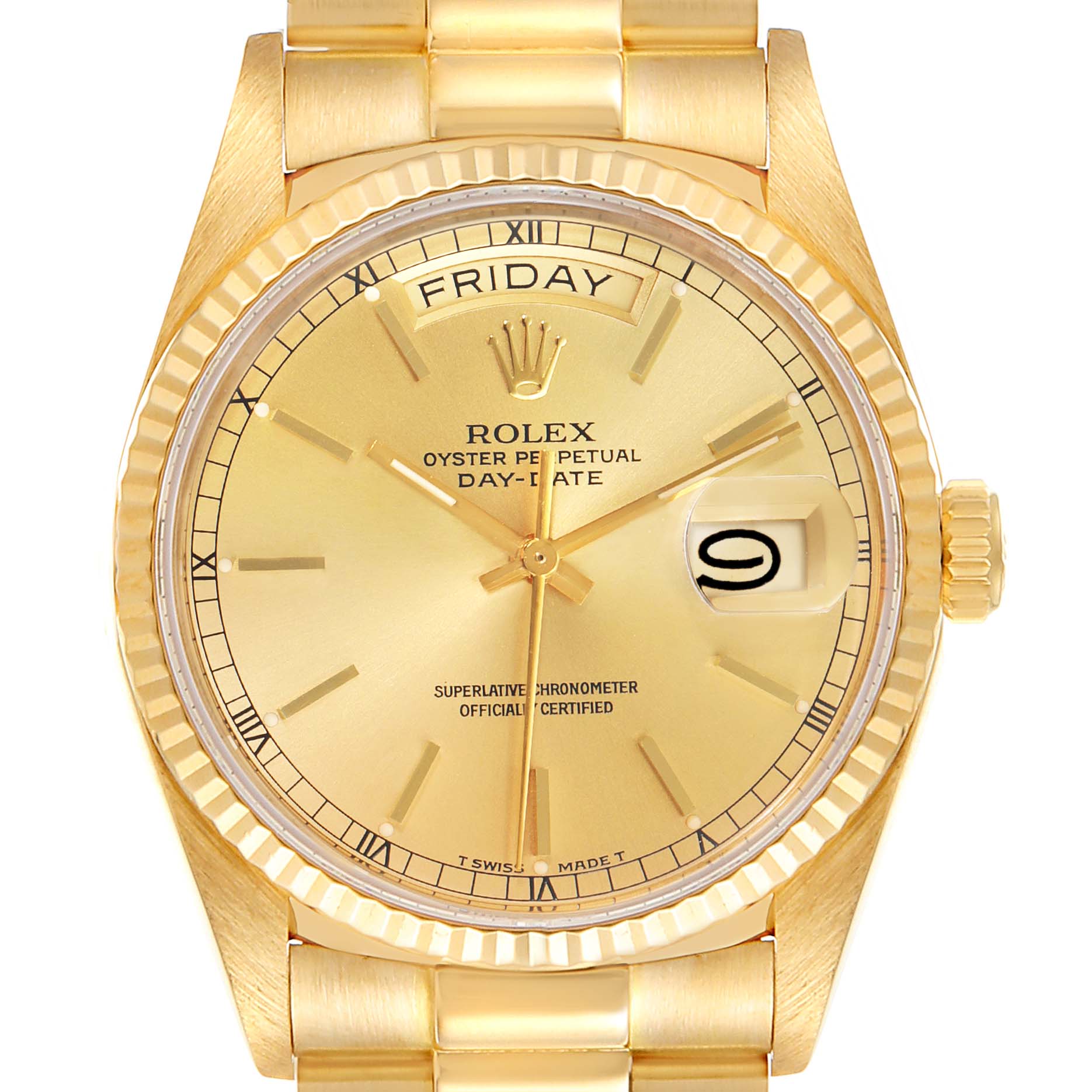 This image shows a close-up, top-down view of the Rolex President 18038 Men's Yellow Gold Champagne Dial 18038 Men's Yellow Gold Champagne Dial Day-Date watch, highlighting the dial and bracelet.