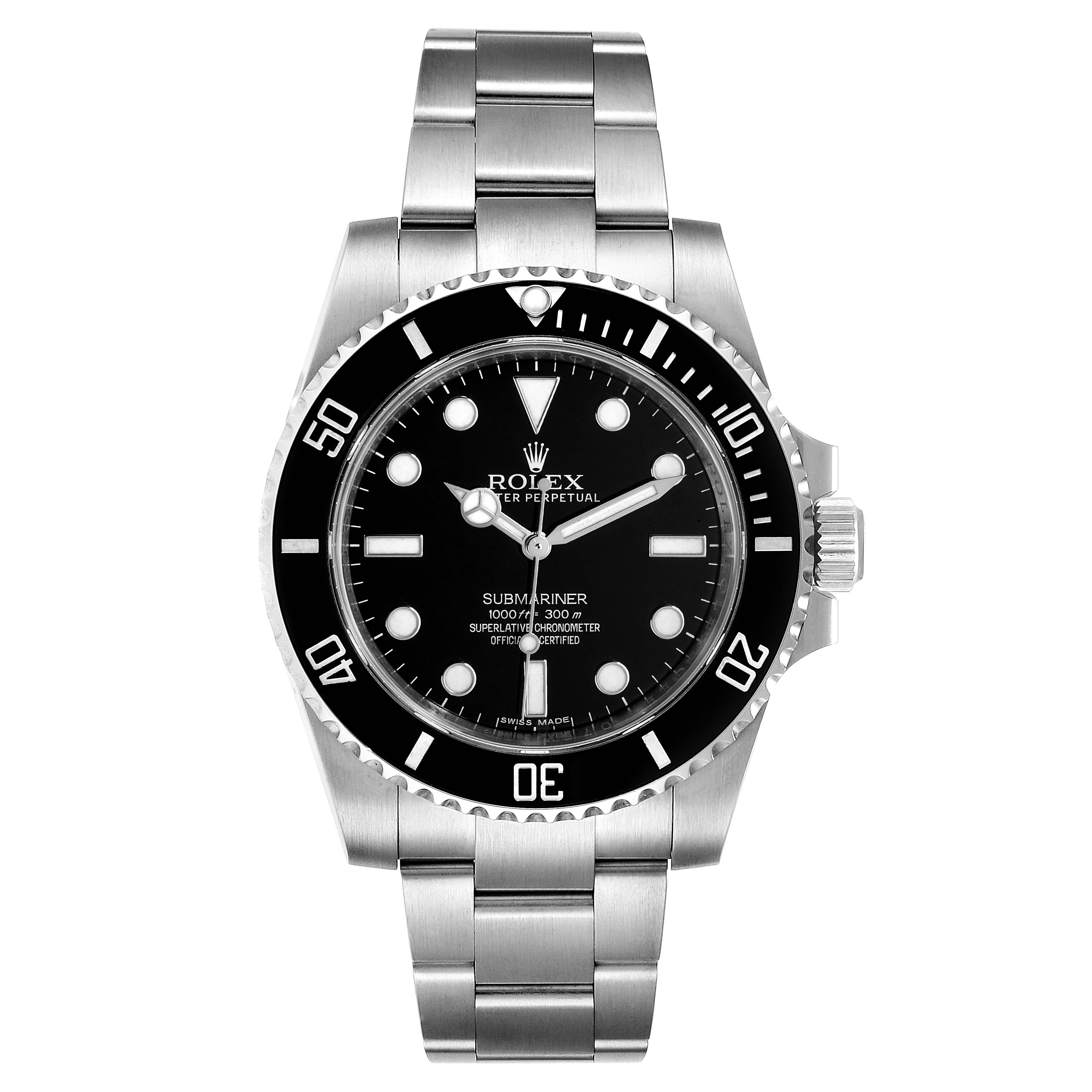 This image shows a frontal view of a Rolex Submariner 114060 Men's Stainless Steel Black Dial 114060 Men's Stainless Steel Black Dial watch, displaying the dial, bezel, and bracelet.