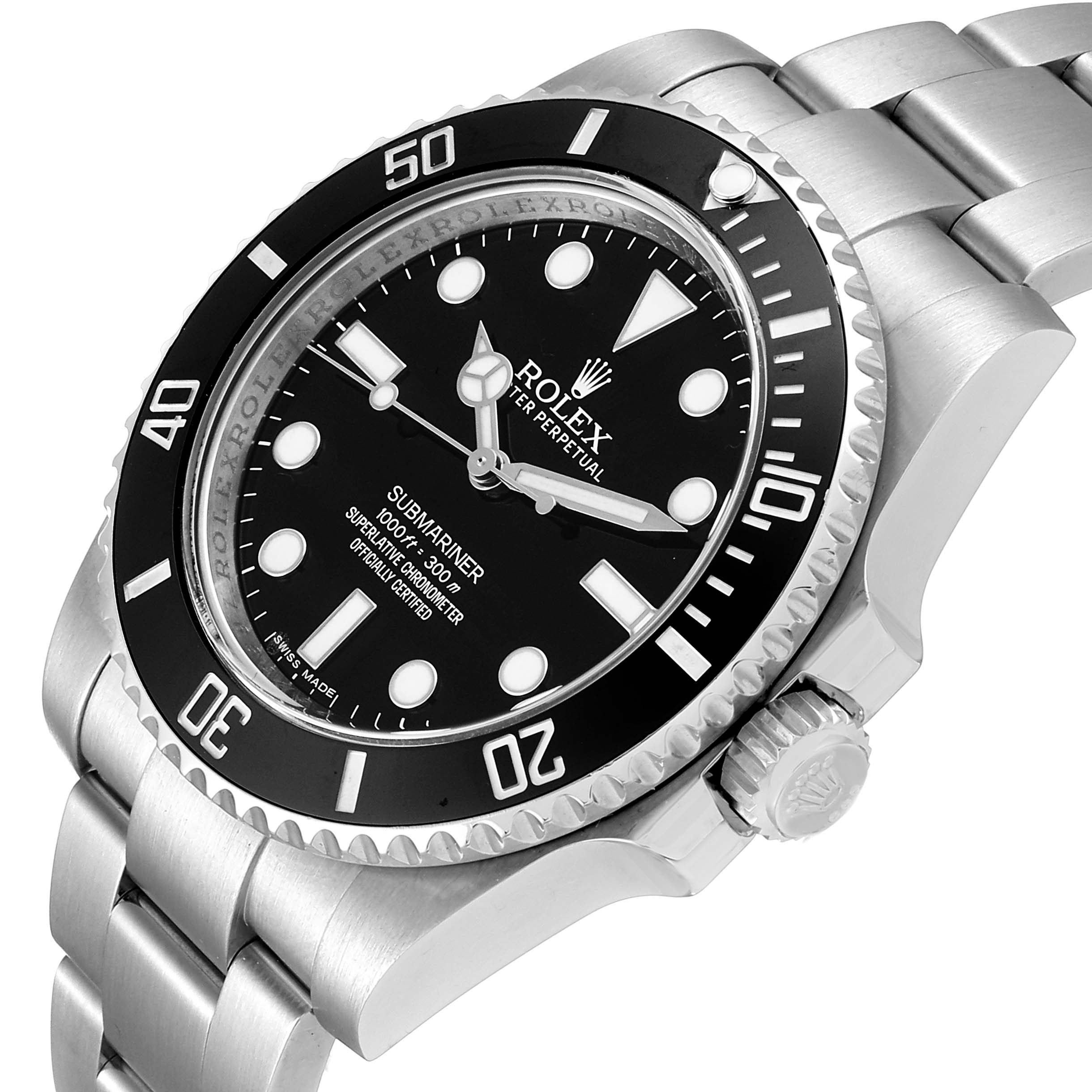 The image shows a close-up angle of the Rolex Submariner 114060 Men's Stainless Steel Black Dial 114060 Men's Stainless Steel Black Dial watch, highlighting the bezel, dial, bracelet, and crown.