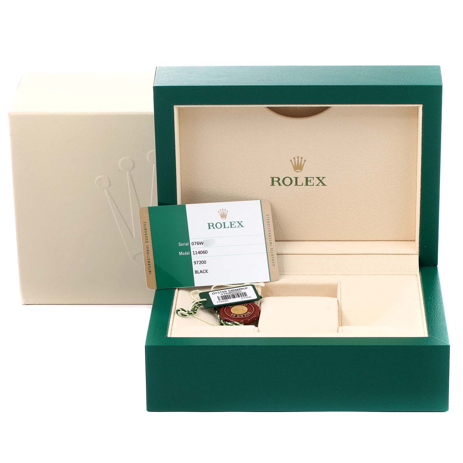 The image shows an open Rolex Submariner 114060 Men's Stainless Steel Black Dial 114060 Men's Stainless Steel Black Dial watch box with paperwork and a tag included.