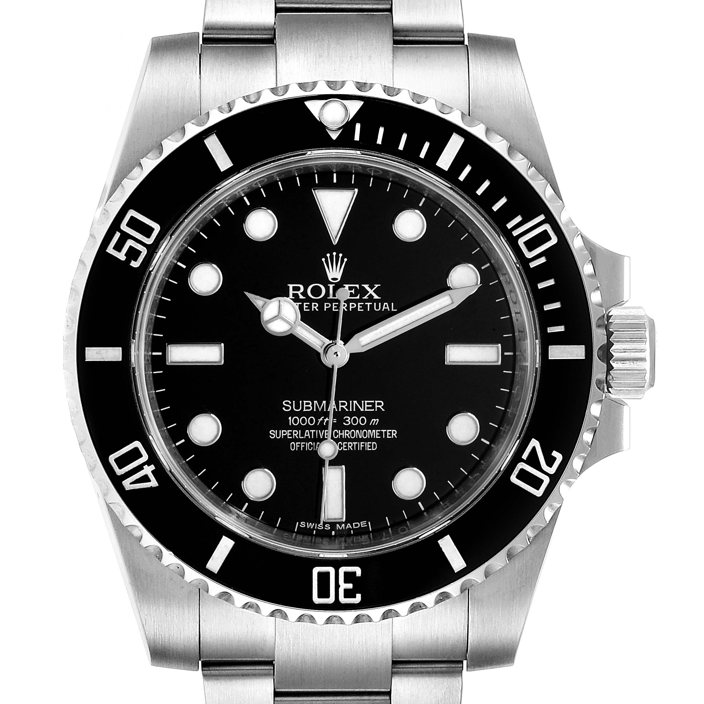 The image shows a front view of the Rolex Submariner 114060 Men's Stainless Steel Black Dial 114060 Men's Stainless Steel Black Dial watch, highlighting its black dial, stainless steel case, and bracelet.