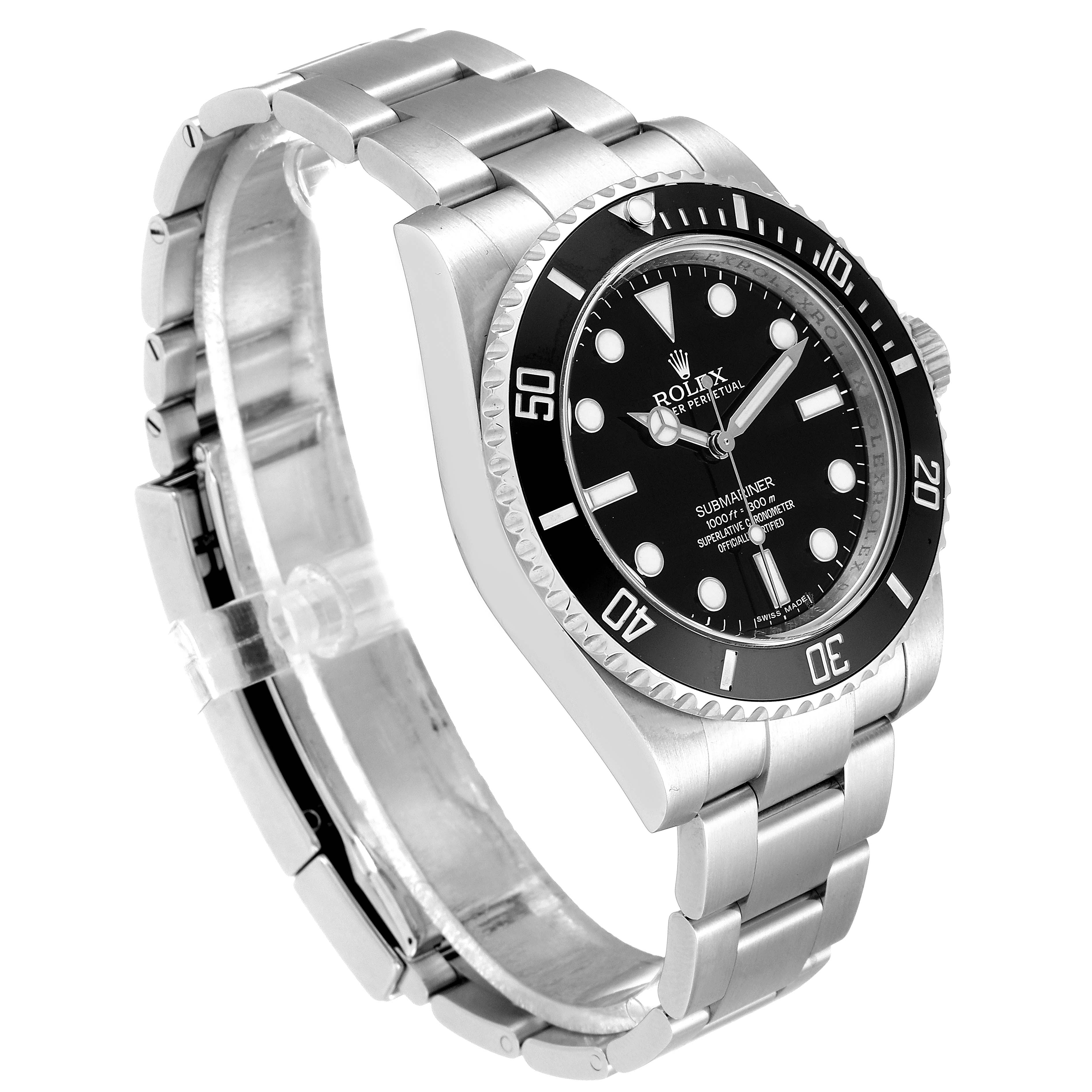 The image shows a Rolex Submariner 114060 Men's Stainless Steel Black Dial 114060 Men's Stainless Steel Black Dial watch angled to display the face, bezel, crown, and bracelet.