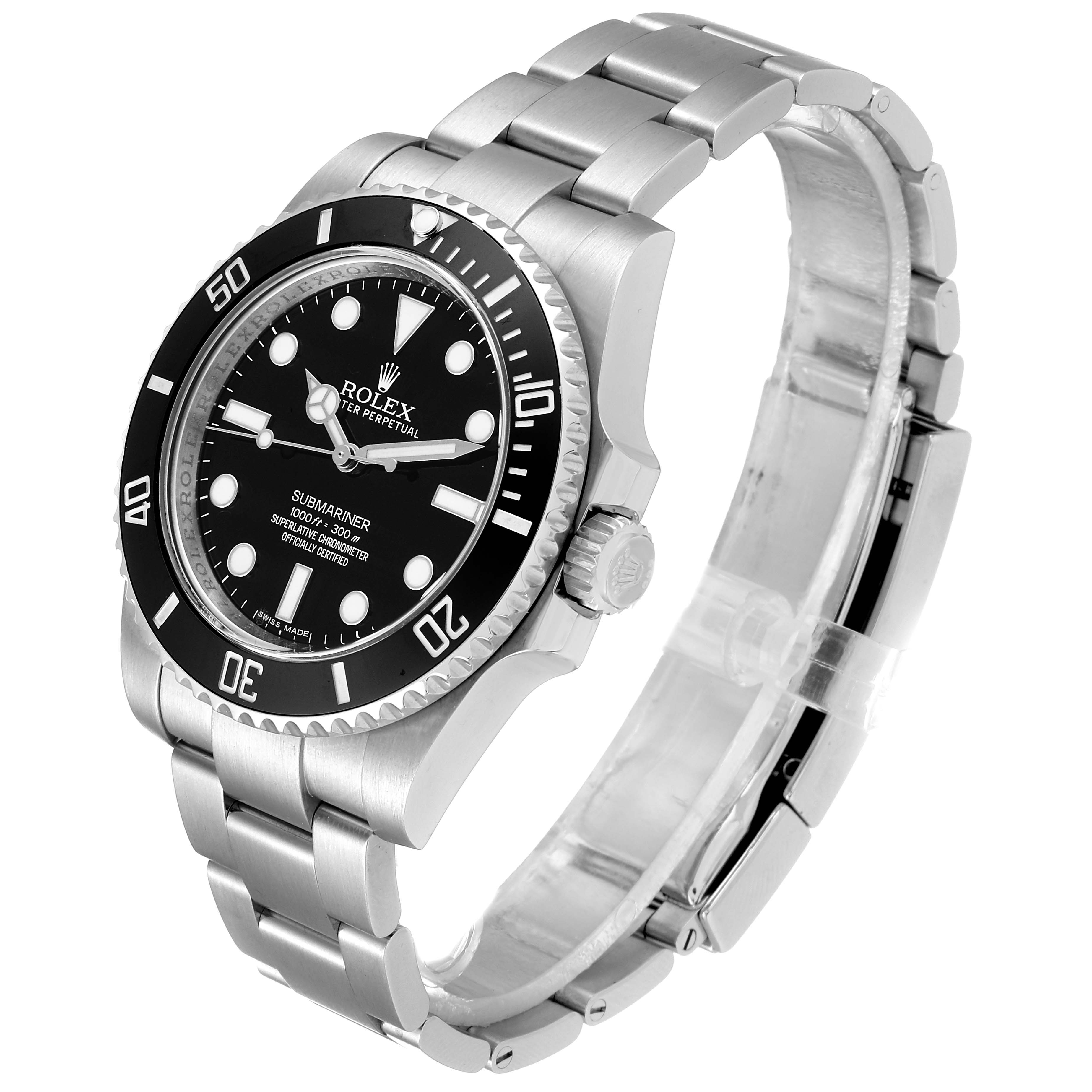 The Rolex Submariner 114060 Men's Stainless Steel Black Dial 114060 Men's Stainless Steel Black Dial watch is shown at a three-quarter angle, displaying its black dial, bezel, crown, and metal bracelet.