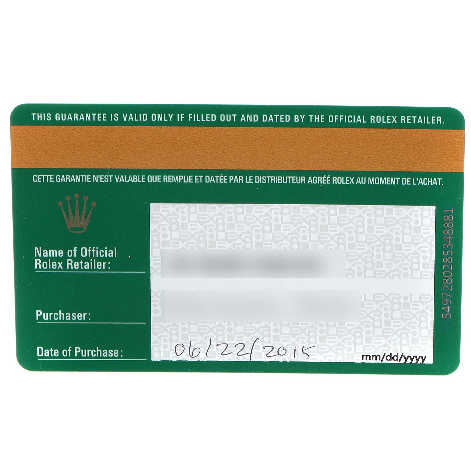 This image displays the warranty card for a Rolex Submariner 114060 Men's Stainless Steel Black Dial 114060 Men's Stainless Steel Black Dial model.