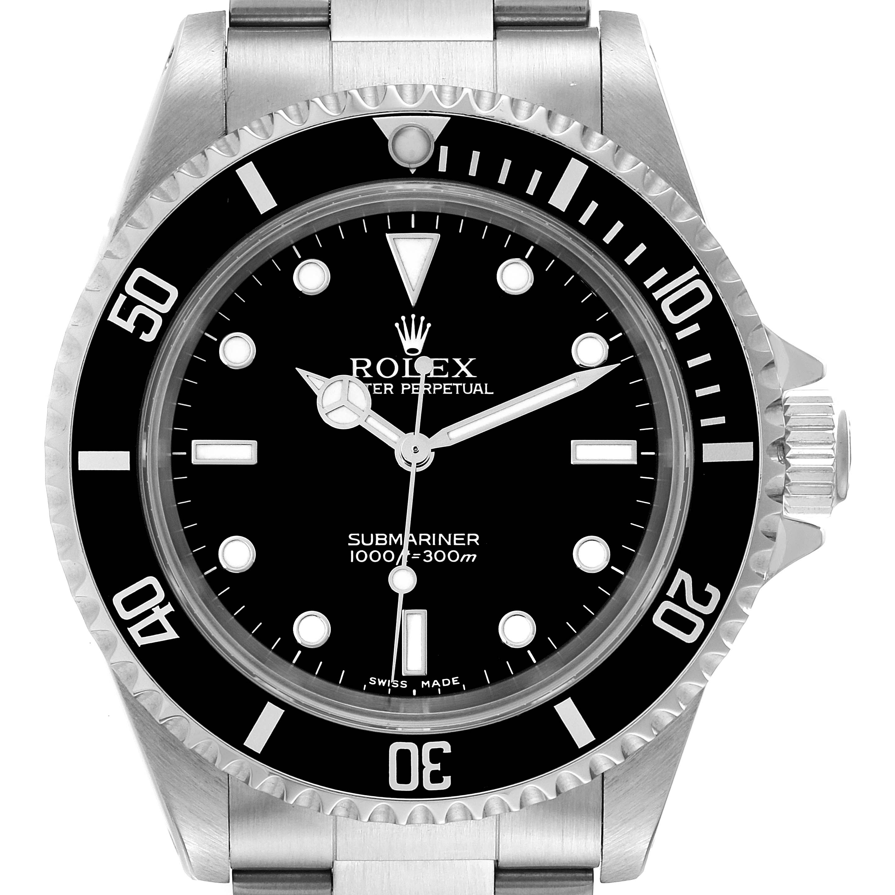 This image shows a front view of the Rolex Submariner 14060M Men's Stainless Steel Black Dial 14060M Men's Stainless Steel Black Dial watch, highlighting the dial, bezel, and part of the bracelet.