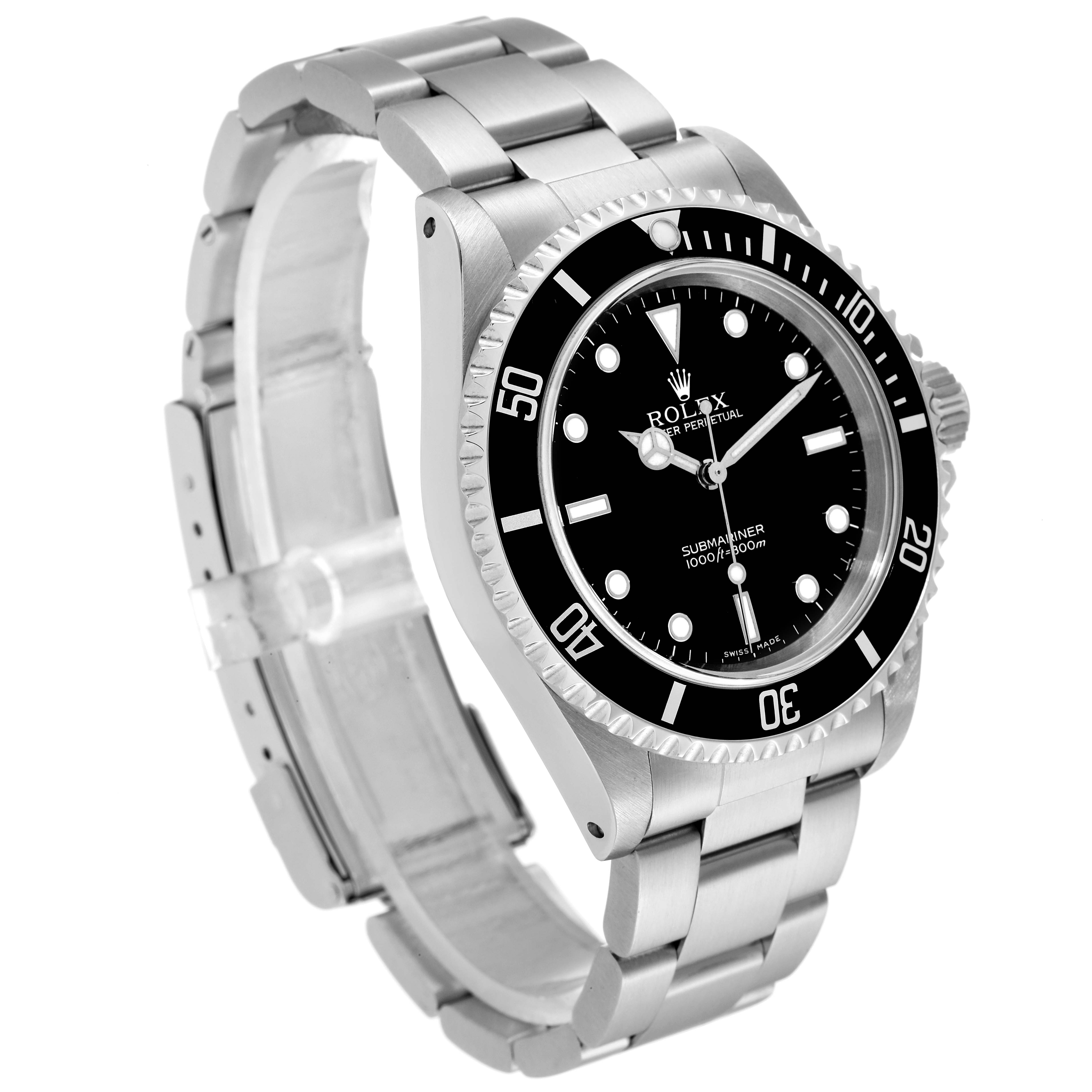 The image shows a Rolex Submariner 14060M Men's Stainless Steel Black Dial 14060M Men's Stainless Steel Black Dial watch at a 3/4 angle, highlighting the dial, bezel, case, and bracelet.