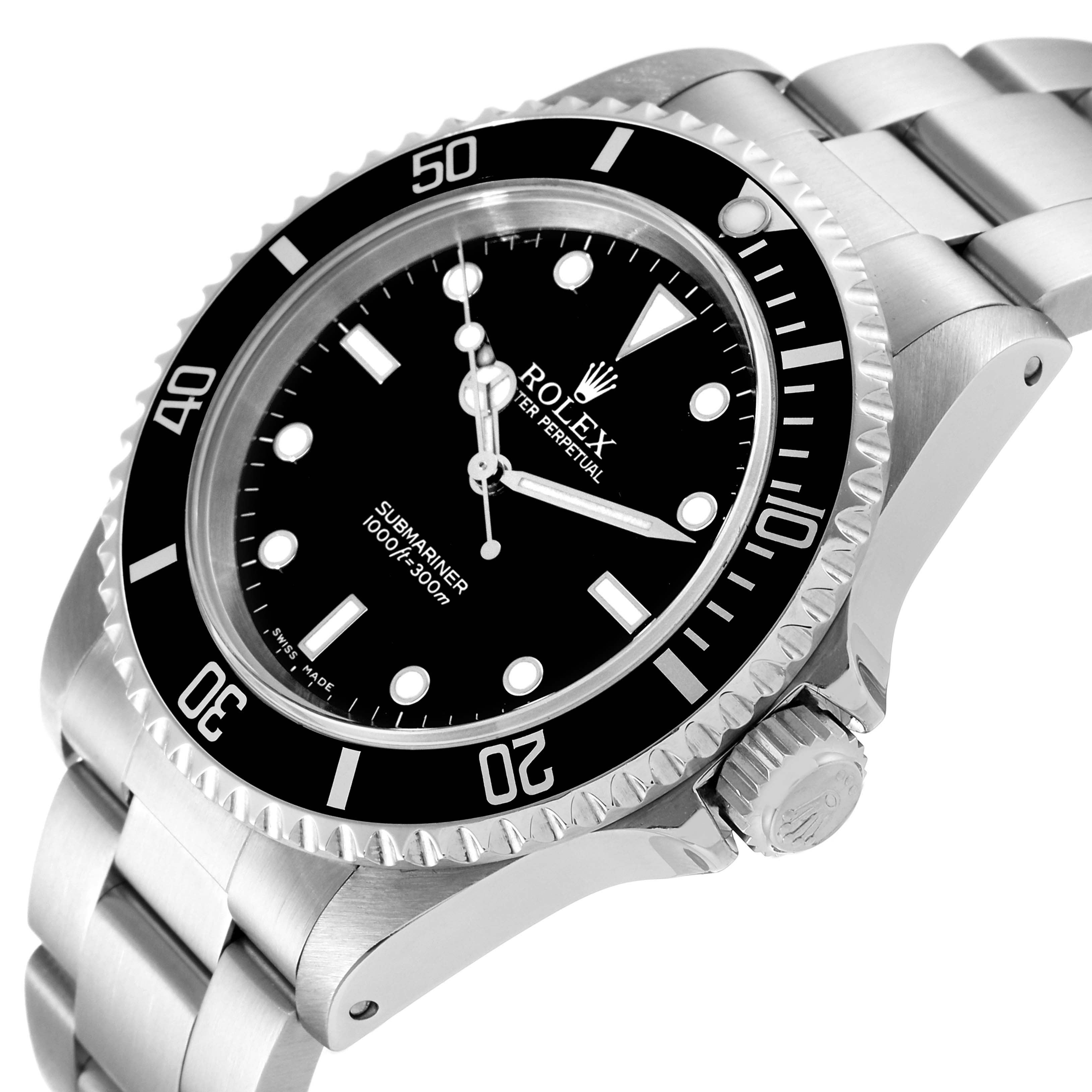 This image shows a Rolex Submariner 14060M Men's Stainless Steel Black Dial 14060M Men's Stainless Steel Black Dial watch at a slight angle, highlighting the bezel, dial, crown, and part of the bracelet.