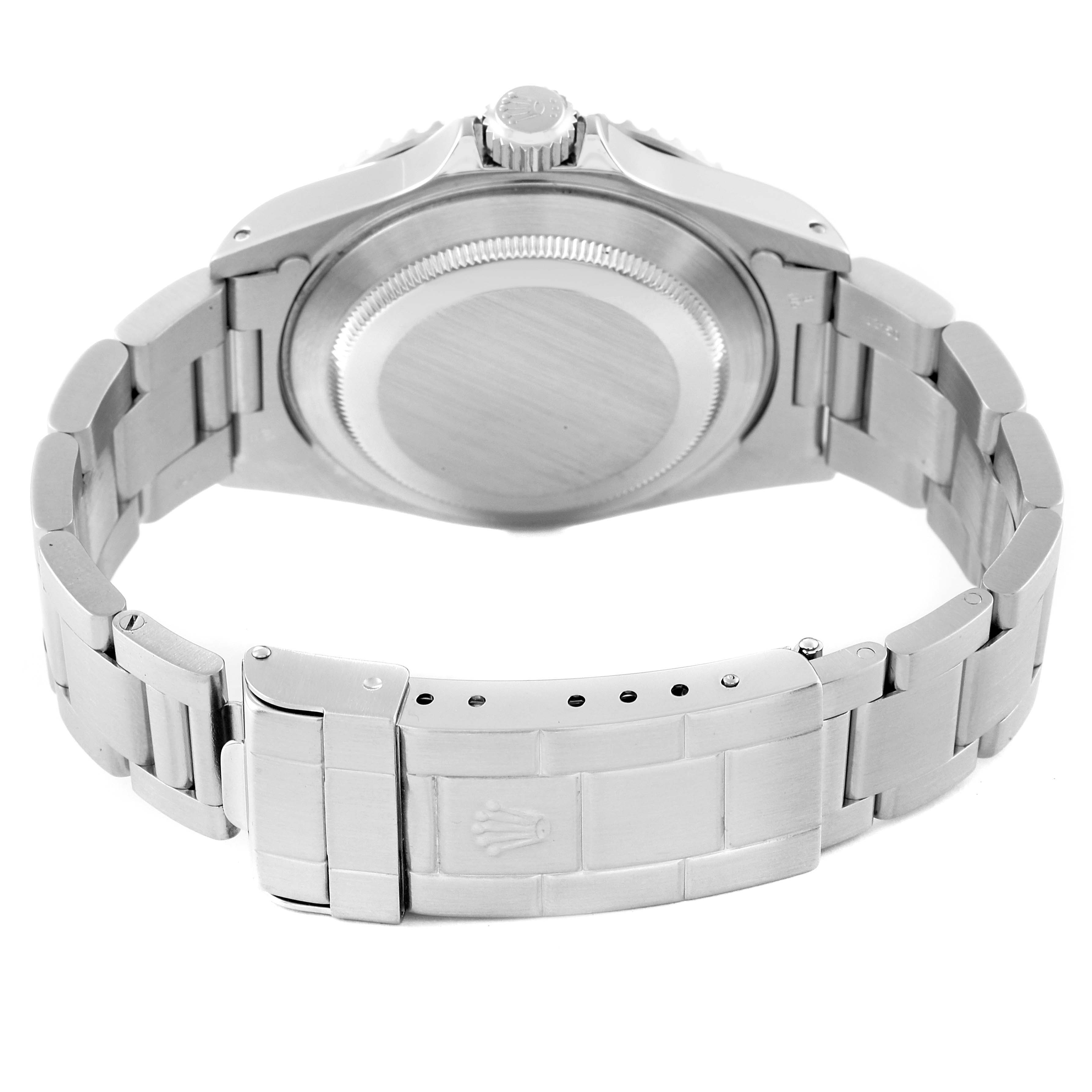 This image shows the back view of a Rolex Submariner 14060M Men's Stainless Steel Black Dial 14060M Men's Stainless Steel Black Dial watch, highlighting the case back, crown, and bracelet with the clasp.