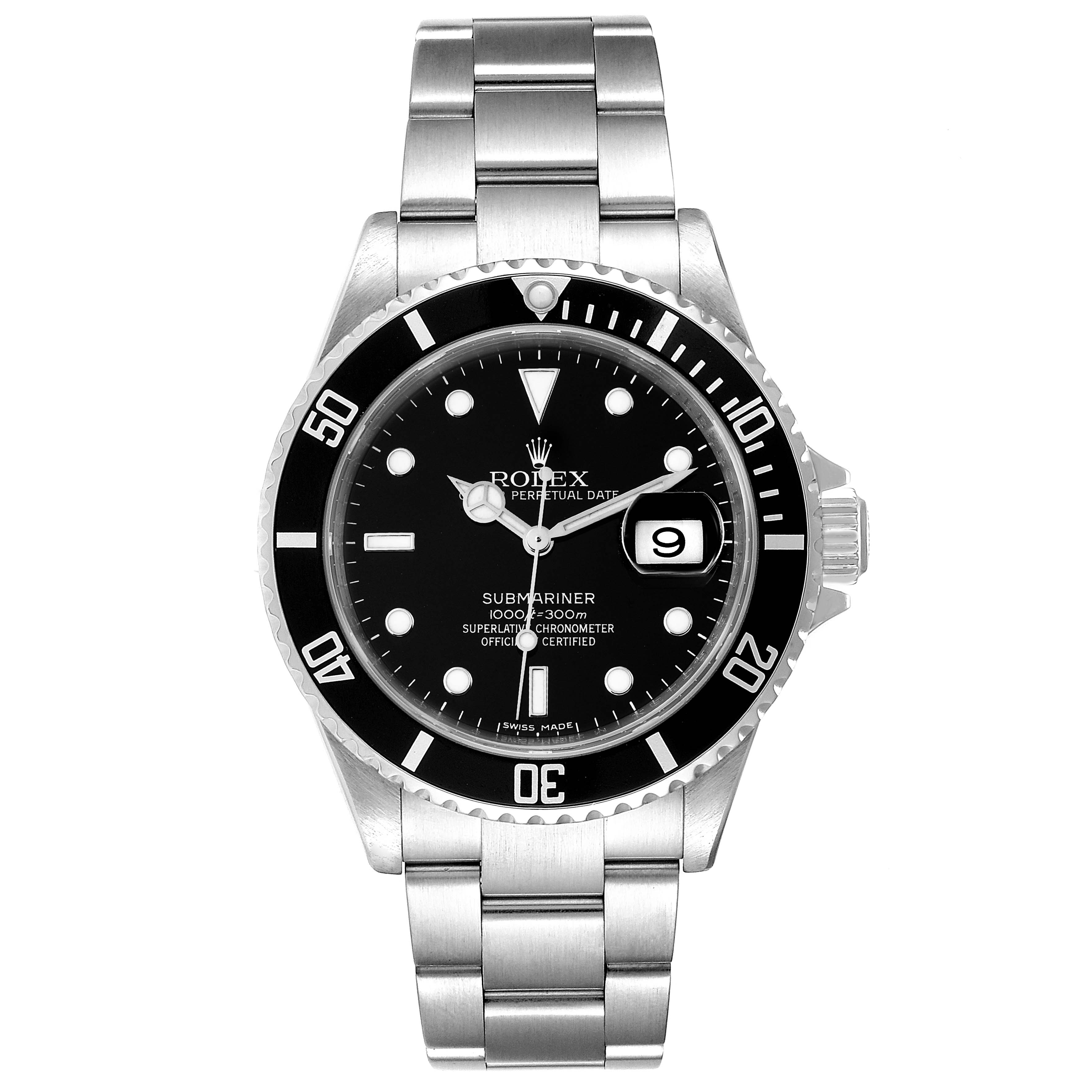 The image shows a front view of a Rolex Submariner 16610 Men's Stainless Steel Black Dial 16610 Men's Stainless Steel Black Dial watch, displaying the dial, bezel, case, bracelet, and crown.