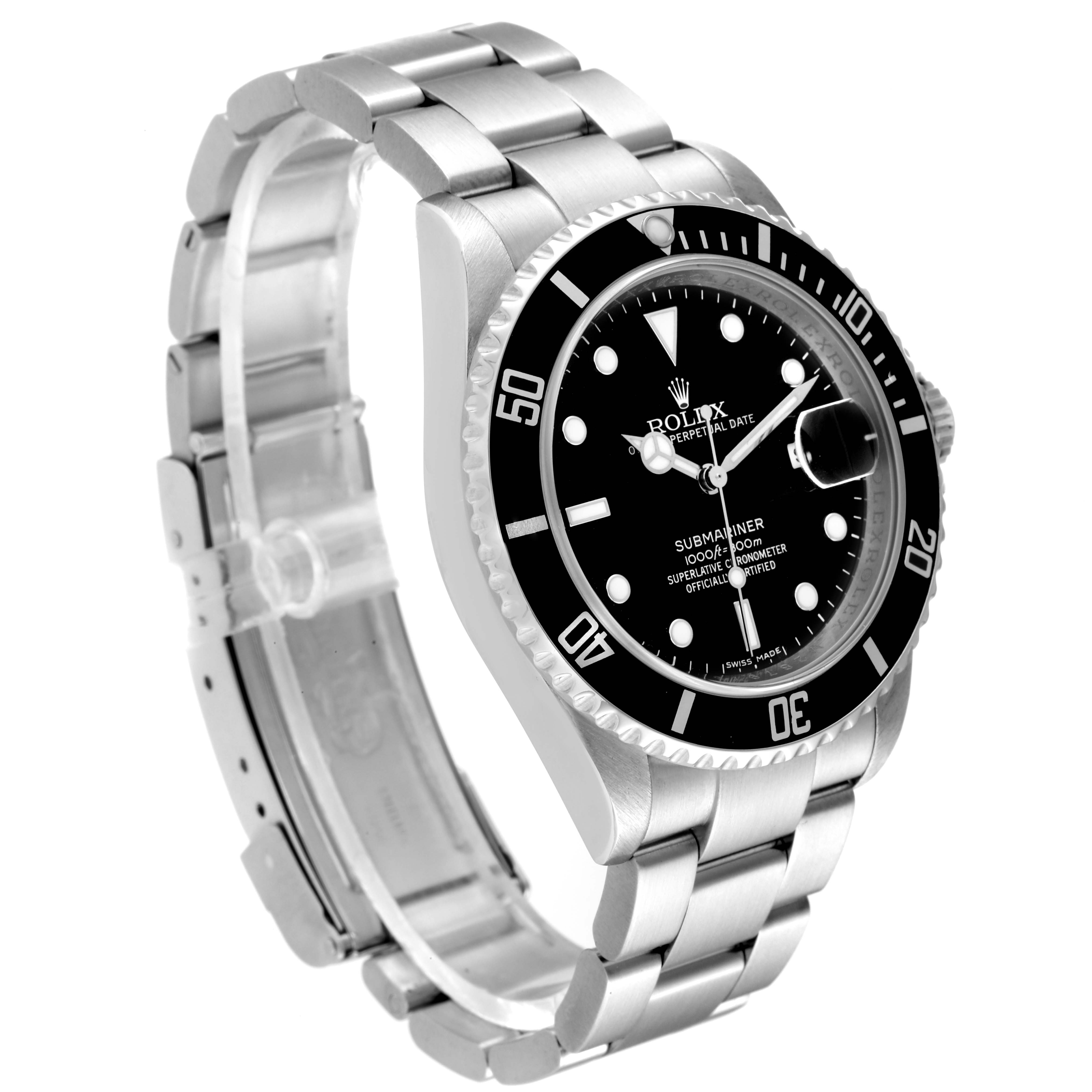 The image shows a side angle of a Rolex Submariner 16610 Men's Stainless Steel Black Dial 16610 Men's Stainless Steel Black Dial watch, highlighting its face, bezel, and band.