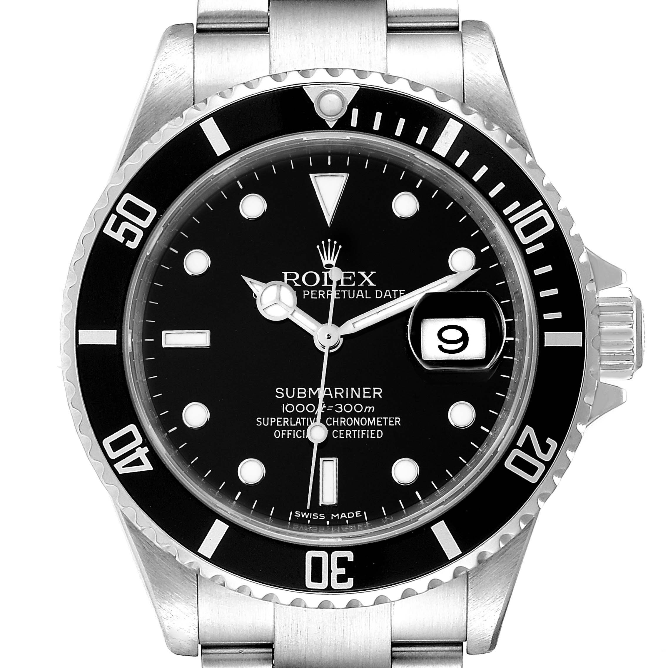 The image shows a front view of a Rolex Submariner 16610 Men's Stainless Steel Black Dial 16610 Men's Stainless Steel Black Dial watch, featuring the dial, bezel, crown, and part of the bracelet.