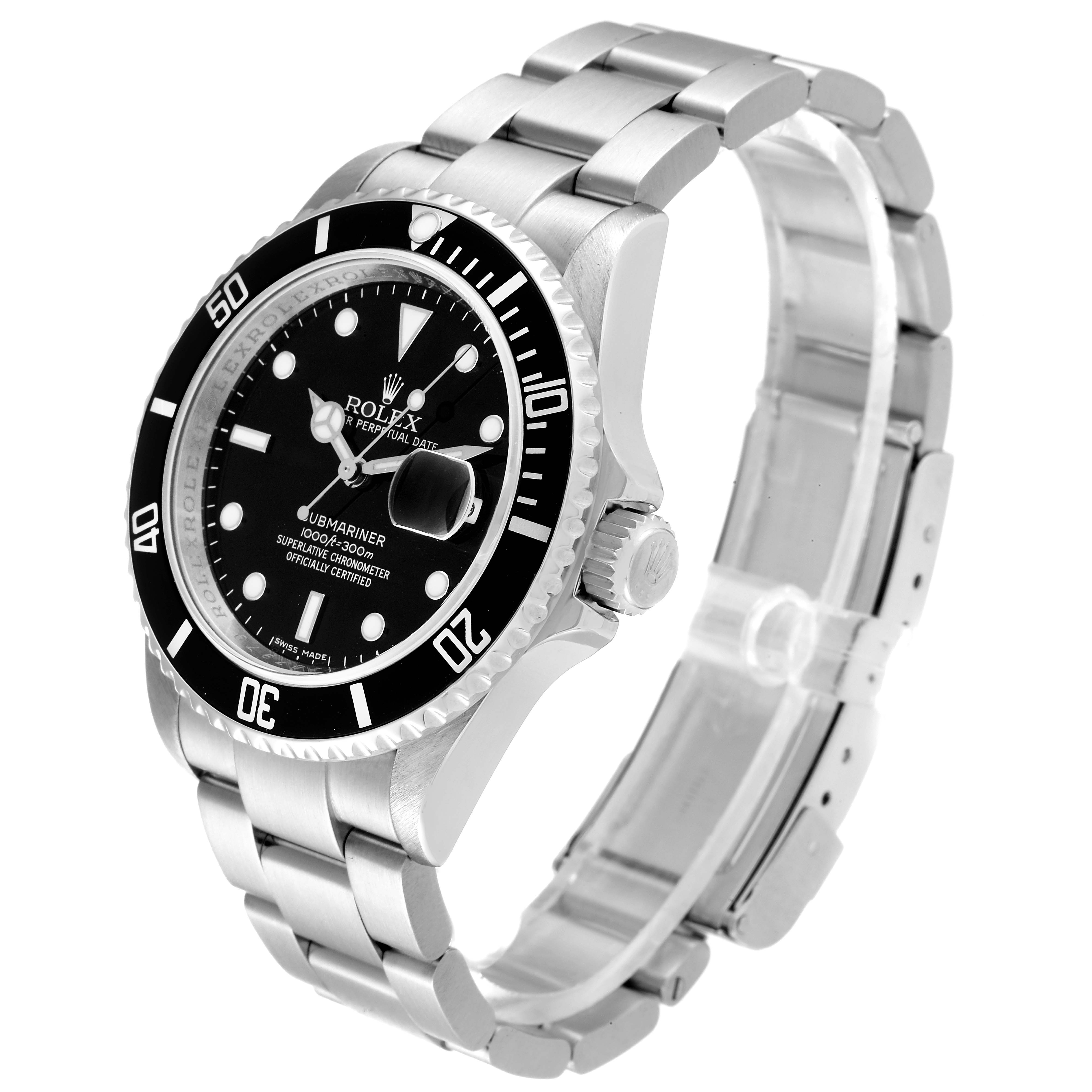 This image shows a Rolex Submariner 16610 Men's Stainless Steel Black Dial 16610 Men's Stainless Steel Black Dial watch from a 3/4 angle, highlighting the face, bezel, crown, and stainless steel bracelet.