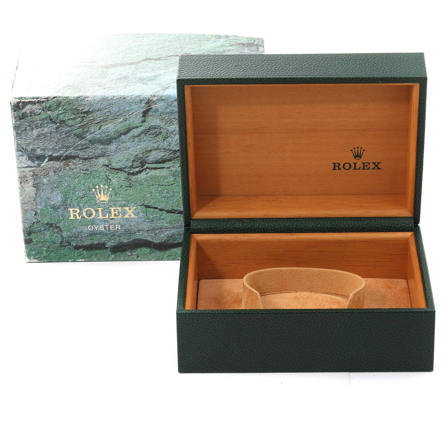 The image shows the open green Rolex Submariner 16613 Men's Steel and Gold (two tone) Blue Dial 16613 Men's Steel and Gold (two tone) Blue Dial watch box and its outer packaging, both branded with the Rolex logo.