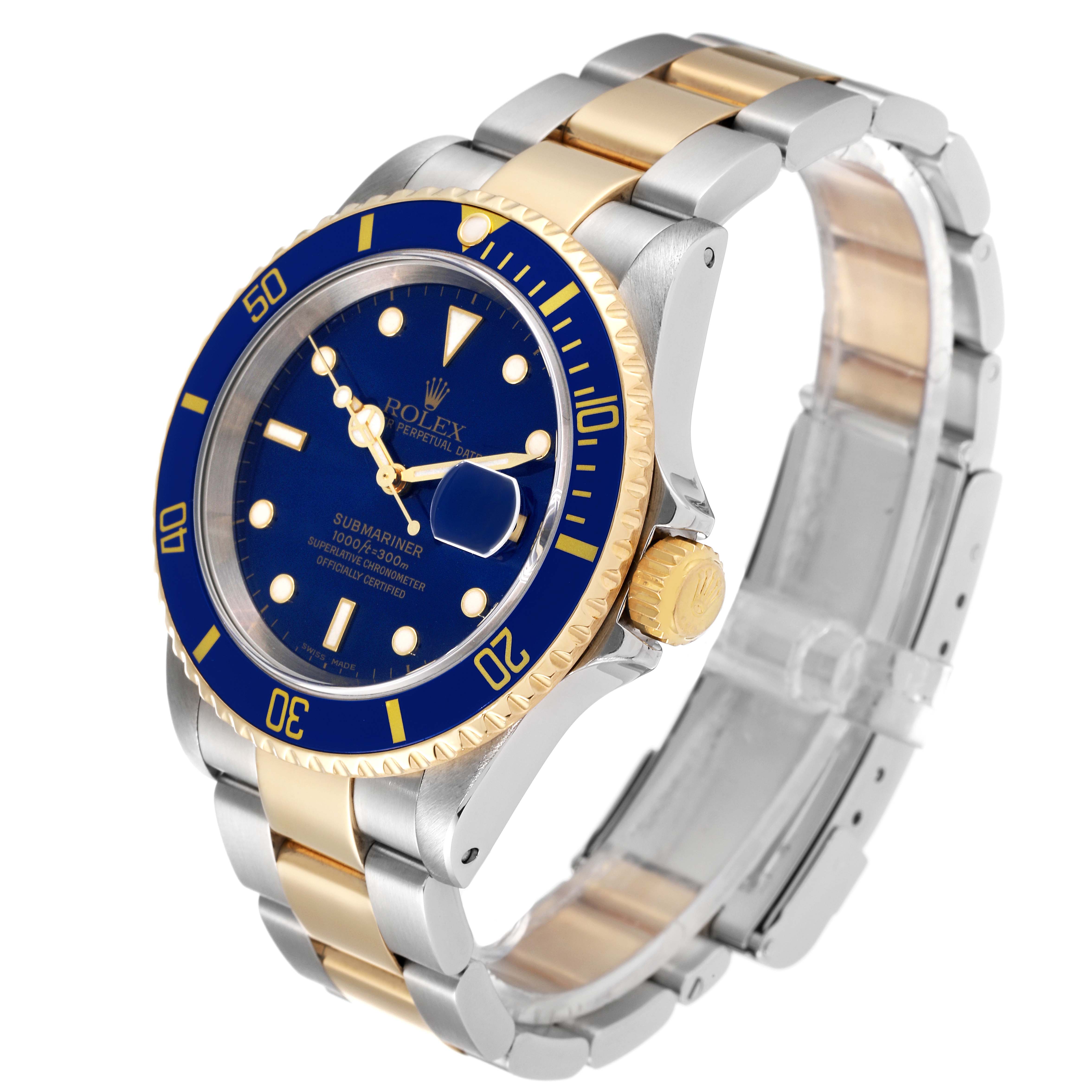 This image shows a Rolex Submariner 16613 Men's Steel and Gold (two tone) Blue Dial 16613 Men's Steel and Gold (two tone) Blue Dial watch at an angle displaying the face, case, bezel, and metal bracelet.