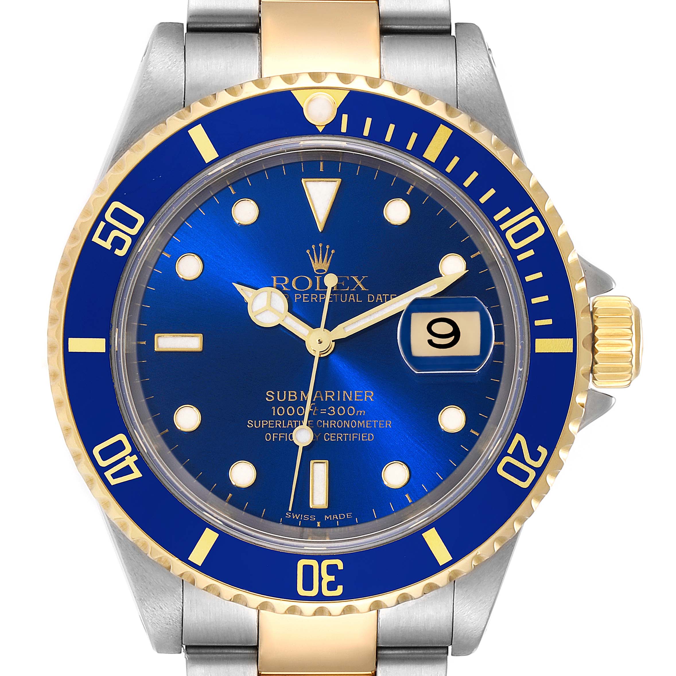 This image shows a front view of a Rolex Submariner 16613 Men's Steel and Gold (two tone) Blue Dial 16613 Men's Steel and Gold (two tone) Blue Dial watch, highlighting its blue dial, gold-tone detailing, and date display.