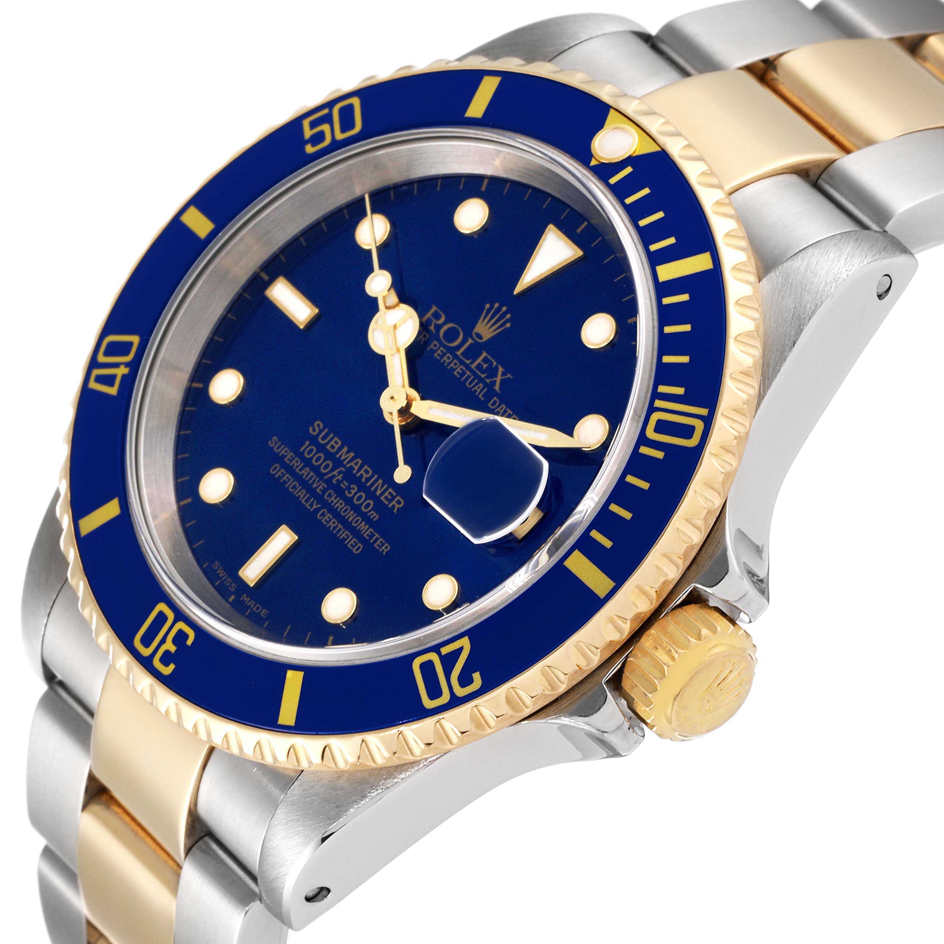 This image shows a close-up angle of the Rolex Submariner 16613 Men's Steel and Gold (two tone) Blue Dial 16613 Men's Steel and Gold (two tone) Blue Dial watch, highlighting its bezel, dial, and bracelet.