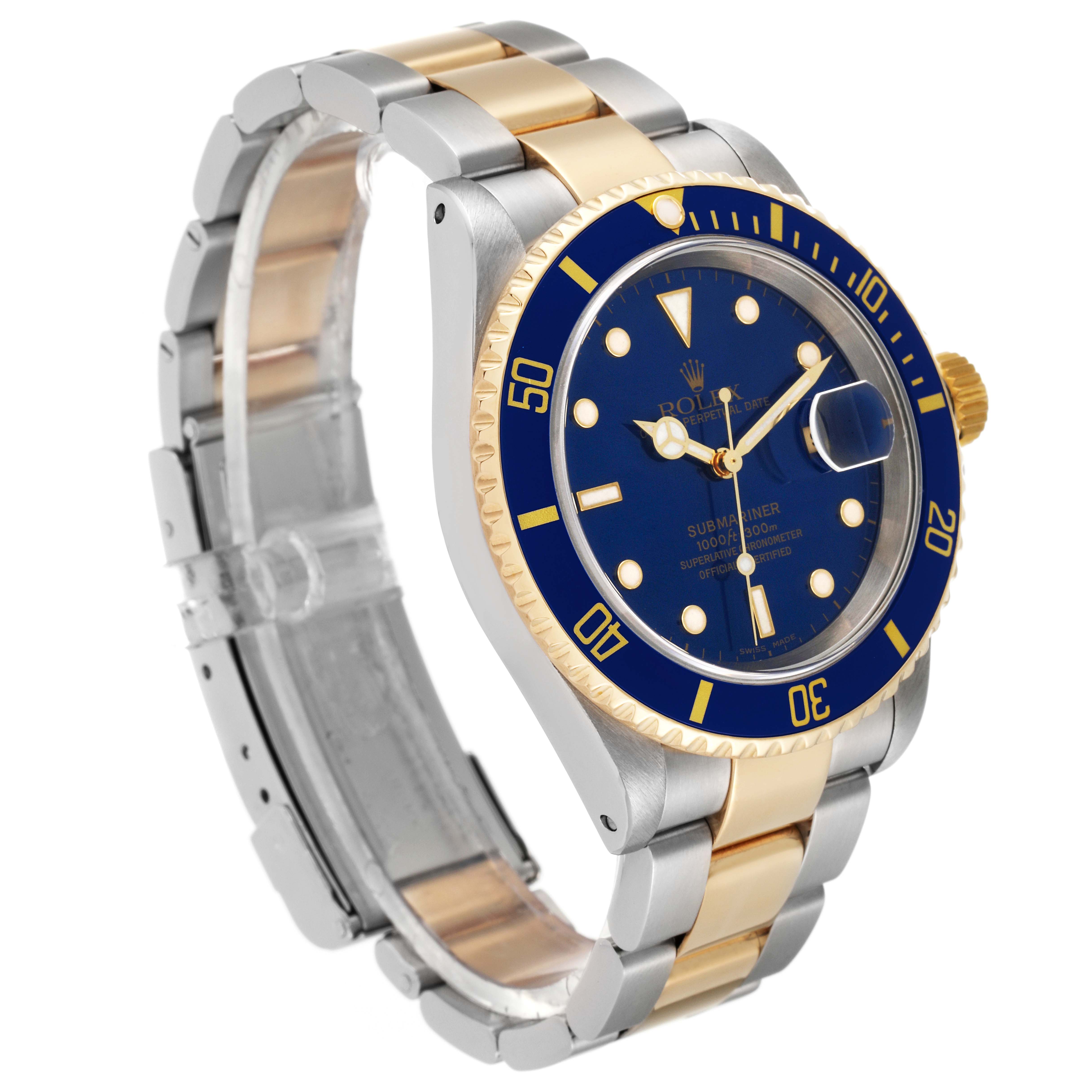 The Rolex Submariner 16613 Men's Steel and Gold (two tone) Blue Dial 16613 Men's Steel and Gold (two tone) Blue Dial watch is shown at a three-quarter angle, featuring its blue dial, gold accents, and two-tone bracelet.
