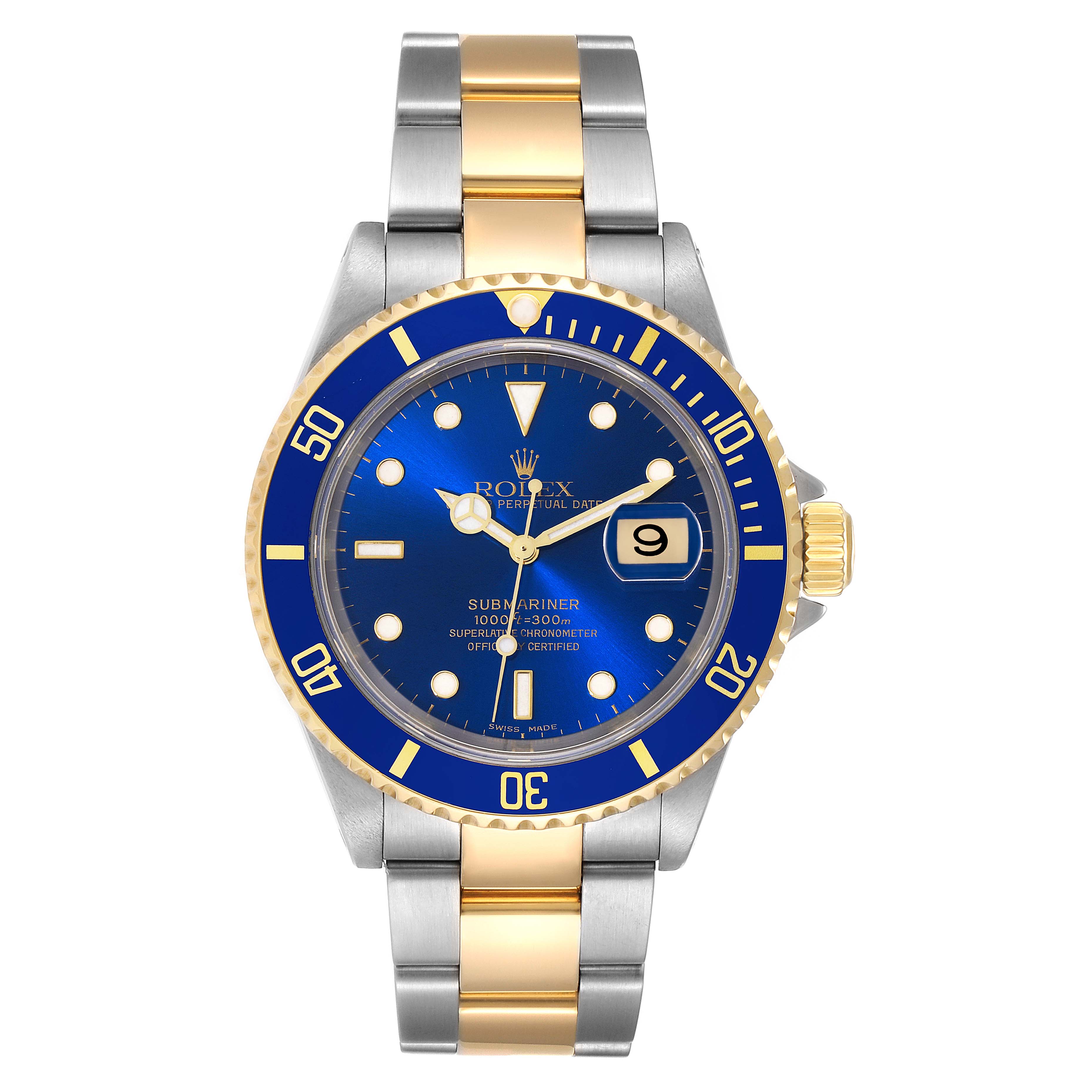 This image shows a front view of a Rolex Submariner 16613 Men's Steel and Gold (two tone) Blue Dial 16613 Men's Steel and Gold (two tone) Blue Dial watch displaying its blue dial, date function, and two-tone metal bracelet.