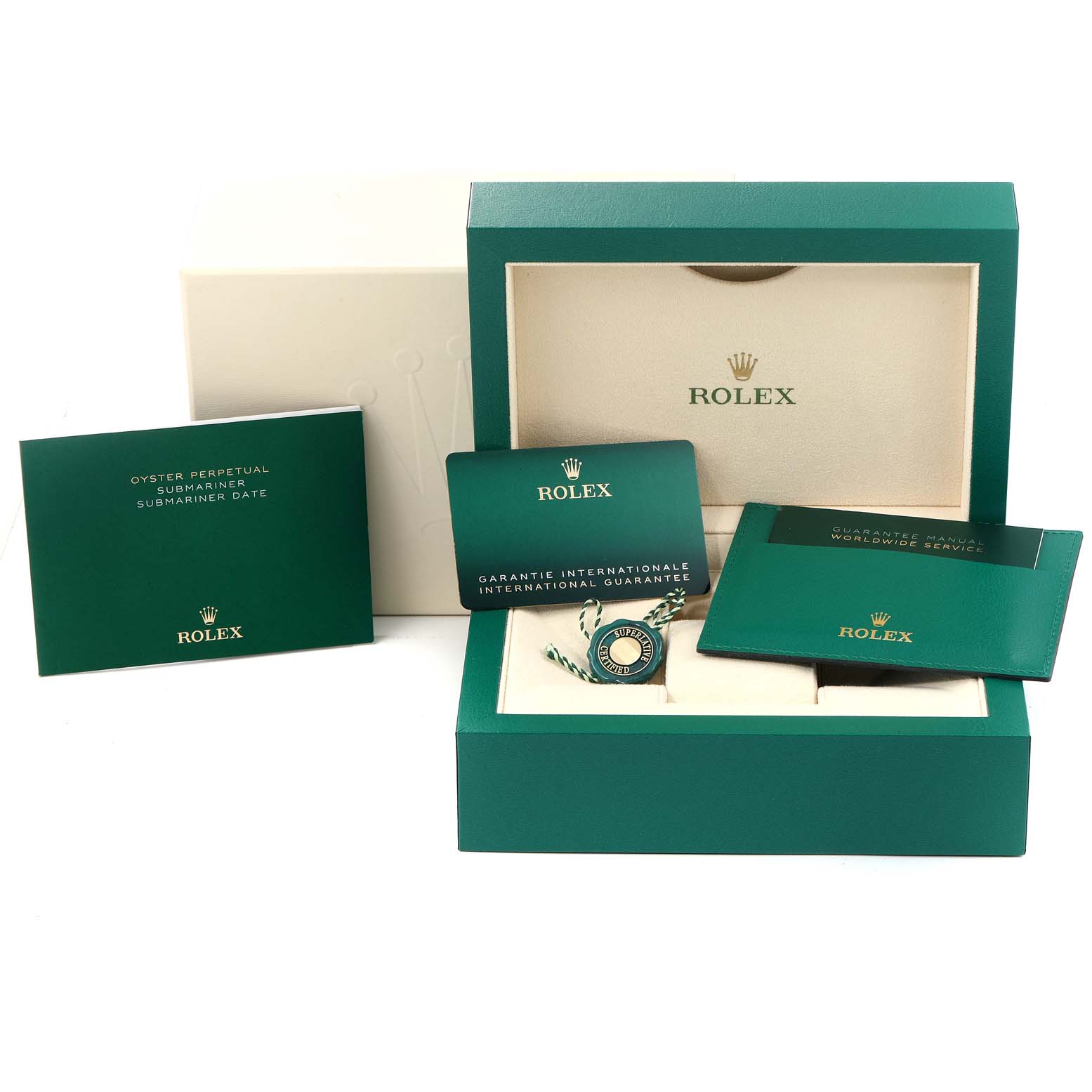 The image shows the packaging, warranty cards, manuals, and an accessory for a Rolex Submariner 126610 Men's Stainless Steel Black Dial 126610 Men's Stainless Steel Black Dial watch.