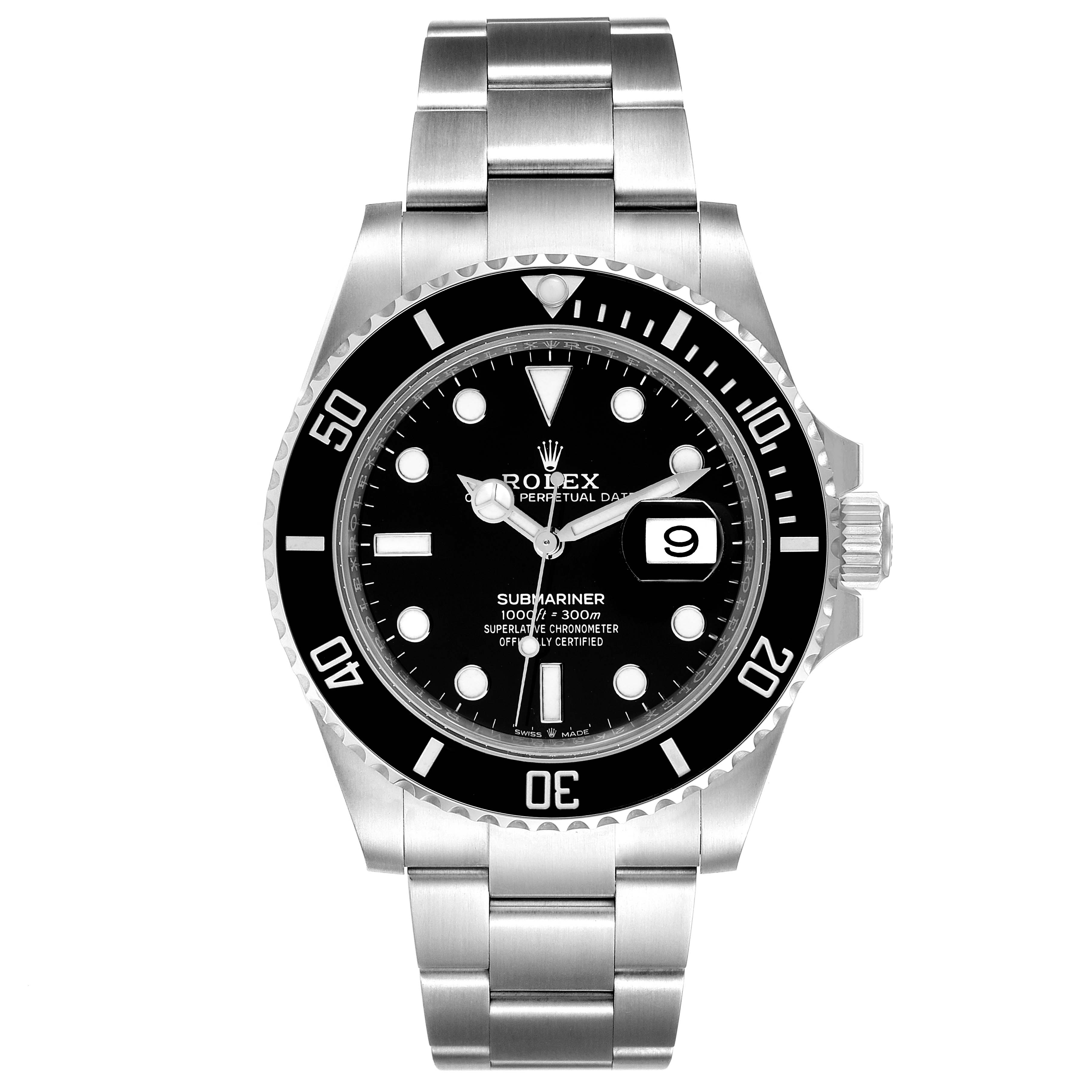 The image shows a front view of a Rolex Submariner 126610 Men's Stainless Steel Black Dial 126610 Men's Stainless Steel Black Dial watch displaying the dial, bezel, case, and bracelet.