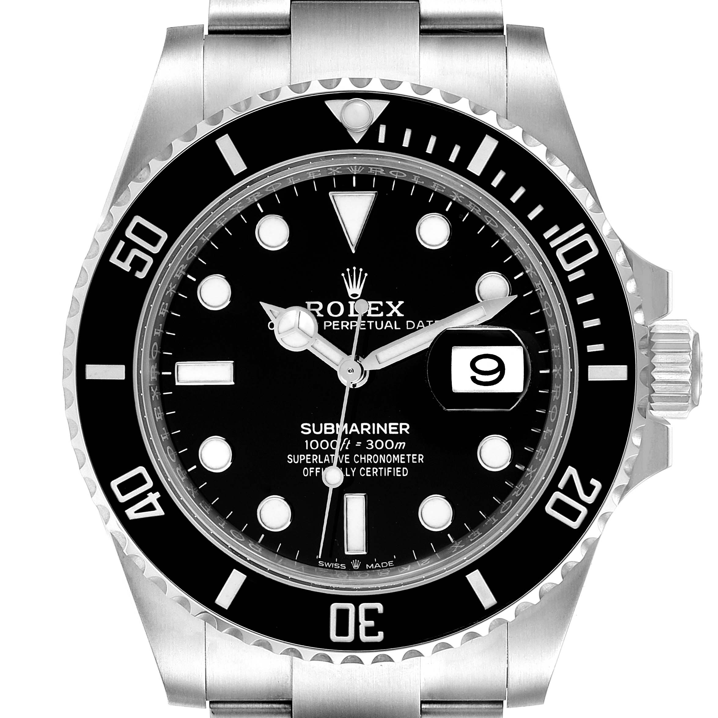 This image shows a frontal view of the Rolex Submariner 126610 Men's Stainless Steel Black Dial 126610 Men's Stainless Steel Black Dial watch, displaying the dial, bezel, hands, bracelet, and date window.